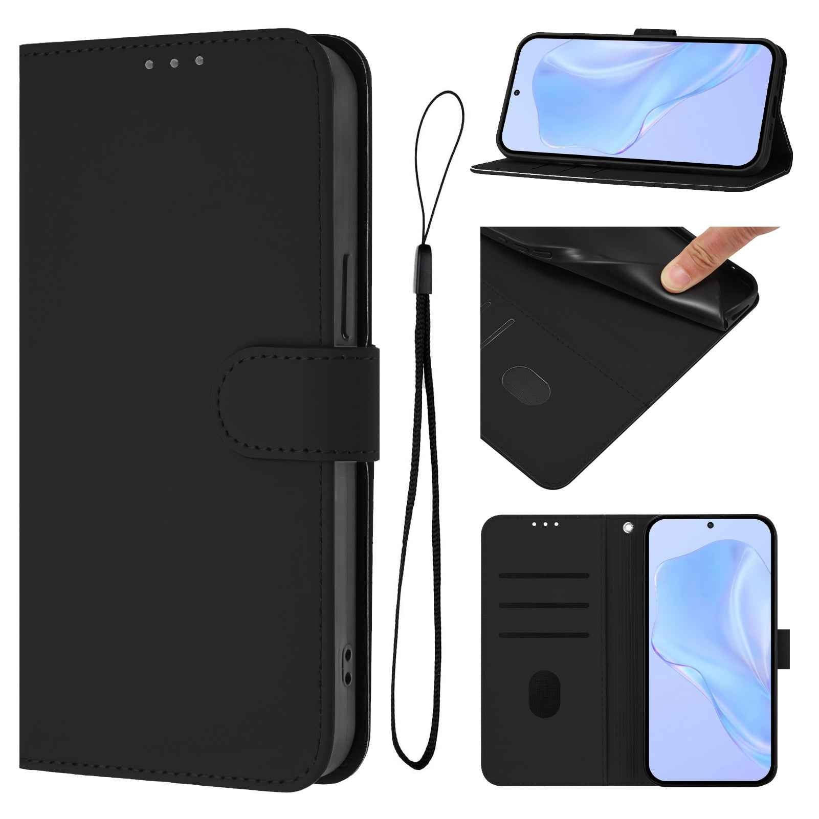 For Samsung Galaxy A57 5G Case Solid Color Wallet Leather Phone Cover with Strap - Black