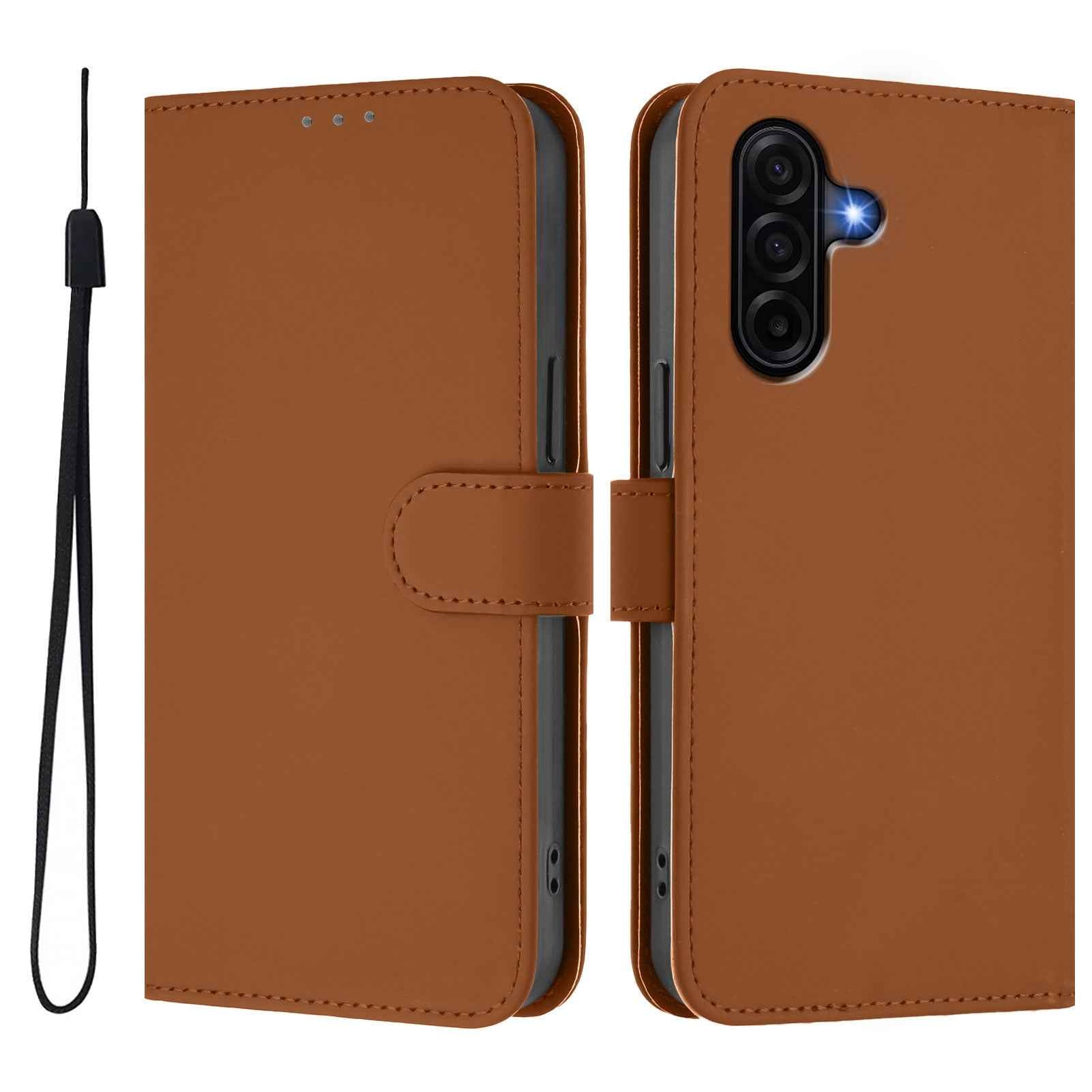 For Samsung Galaxy A57 5G Case Solid Color Wallet Leather Phone Cover with Strap - Brown