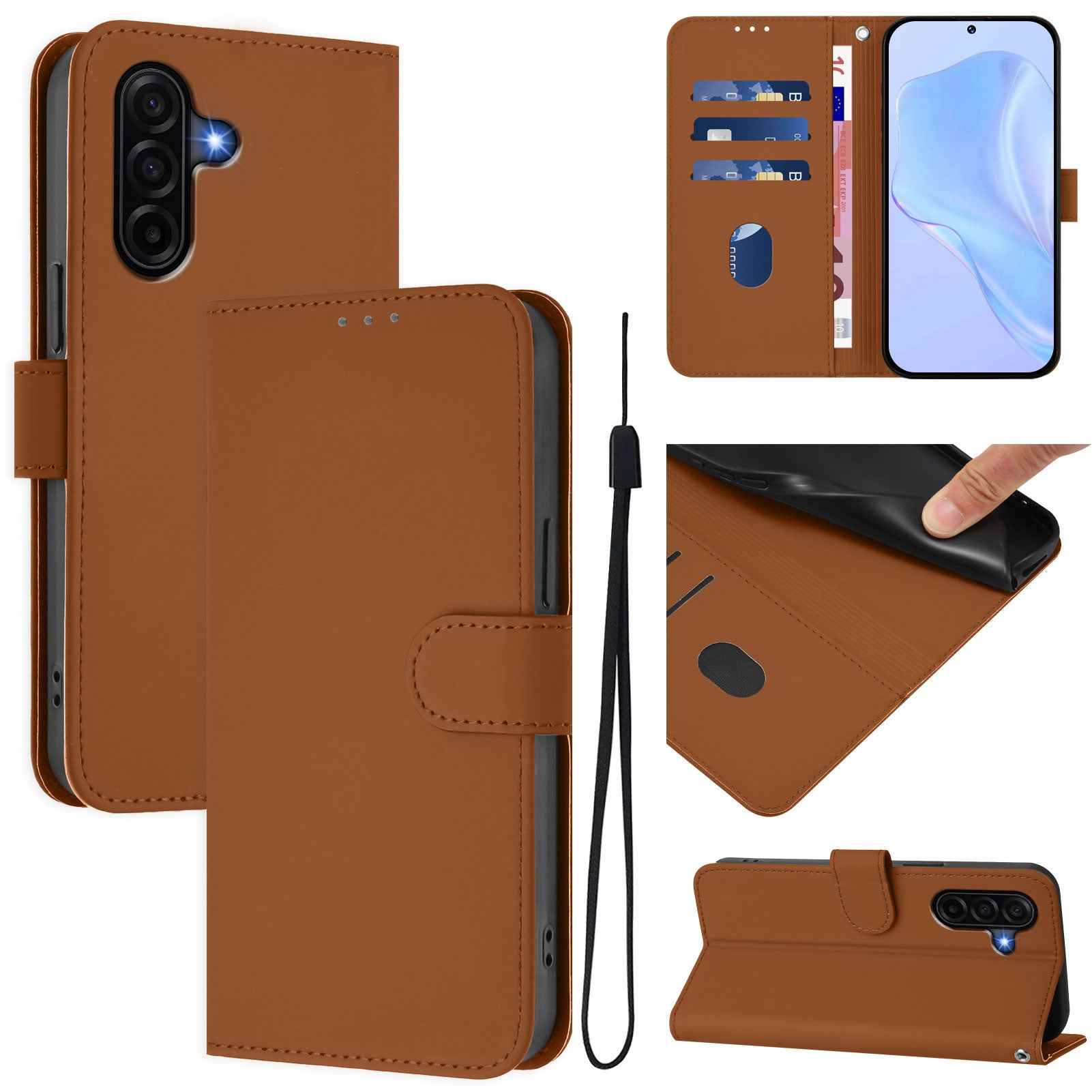 For Samsung Galaxy A57 5G Case Solid Color Wallet Leather Phone Cover with Strap - Brown