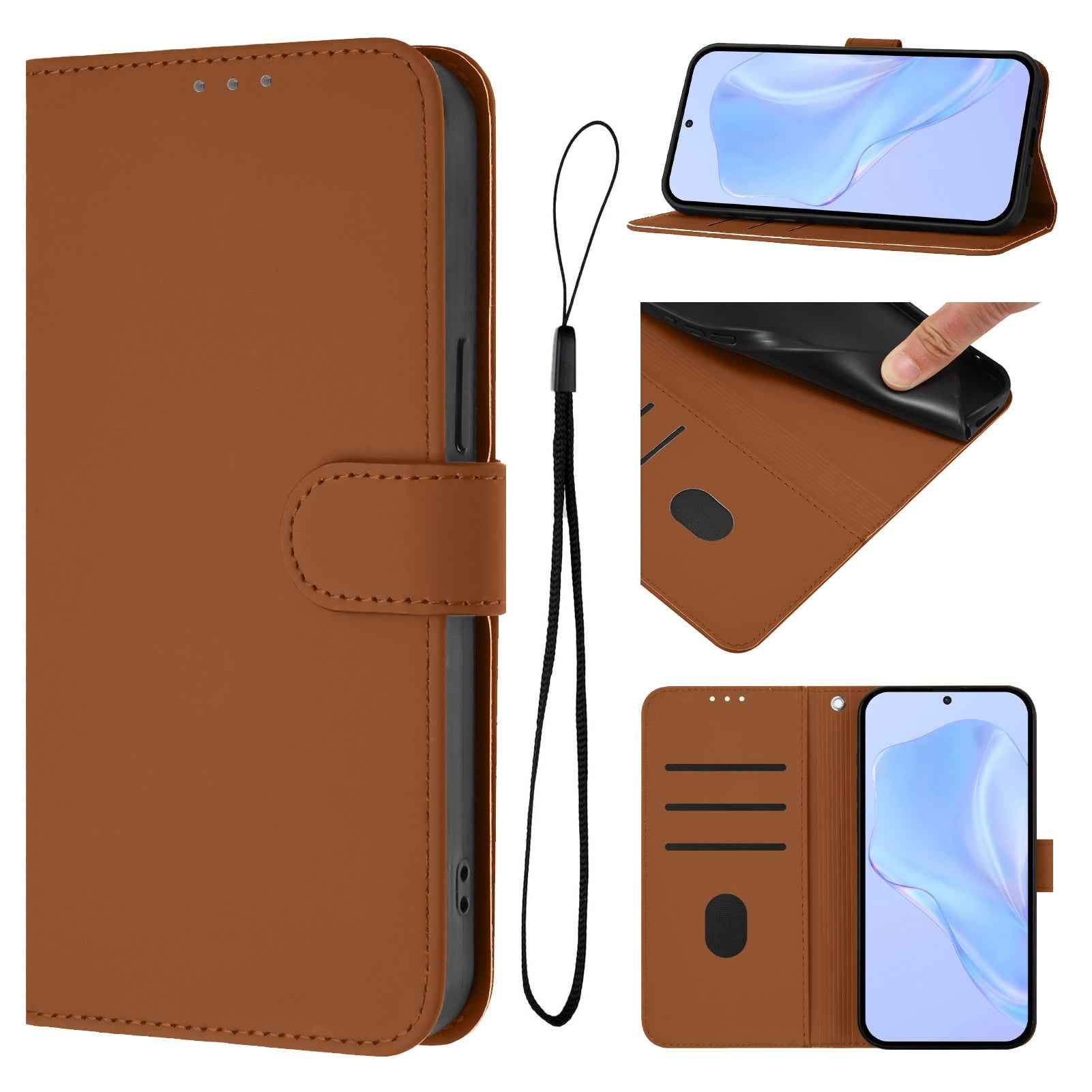For Samsung Galaxy A57 5G Case Solid Color Wallet Leather Phone Cover with Strap - Brown