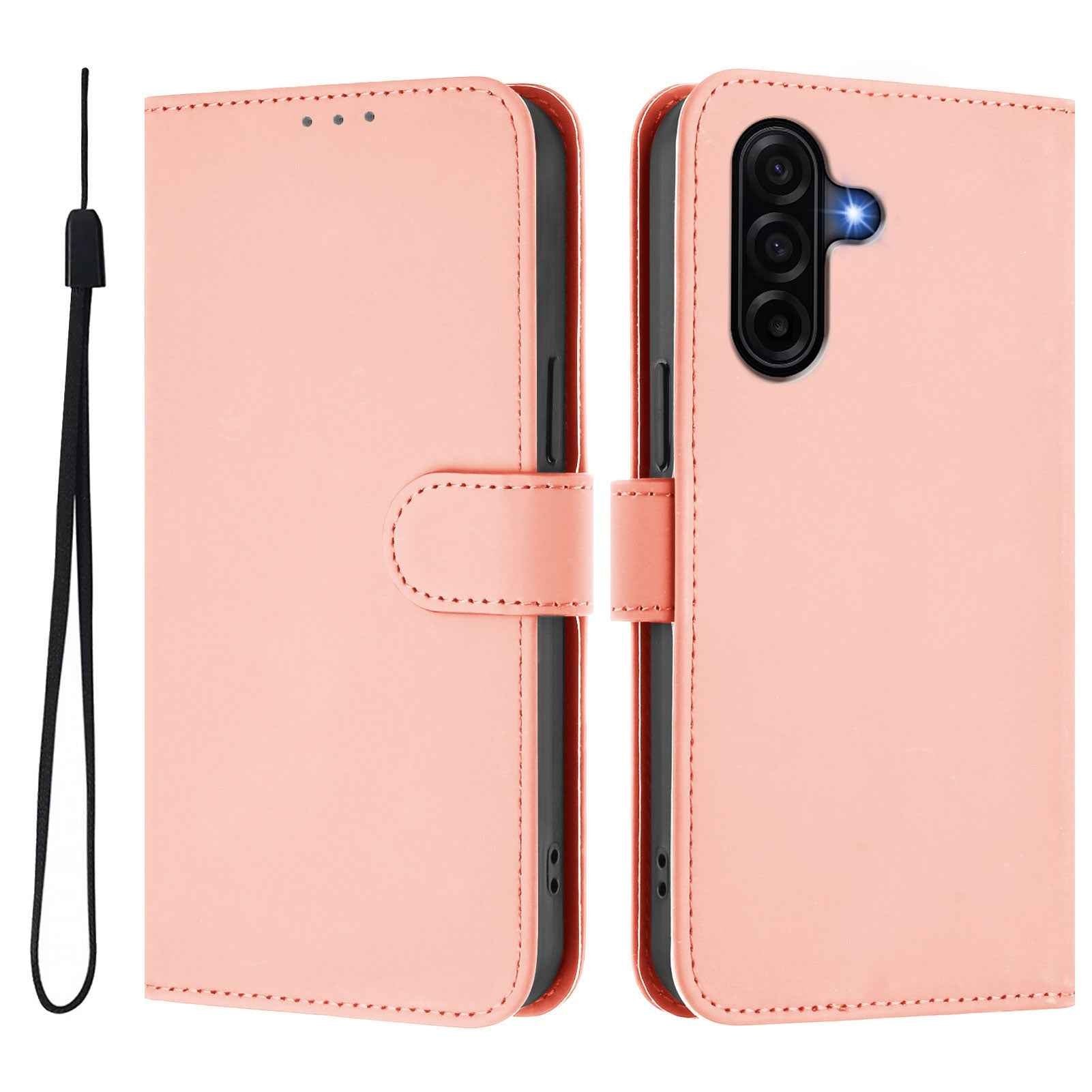 For Samsung Galaxy A57 5G Case Solid Color Wallet Leather Phone Cover with Strap - Pink