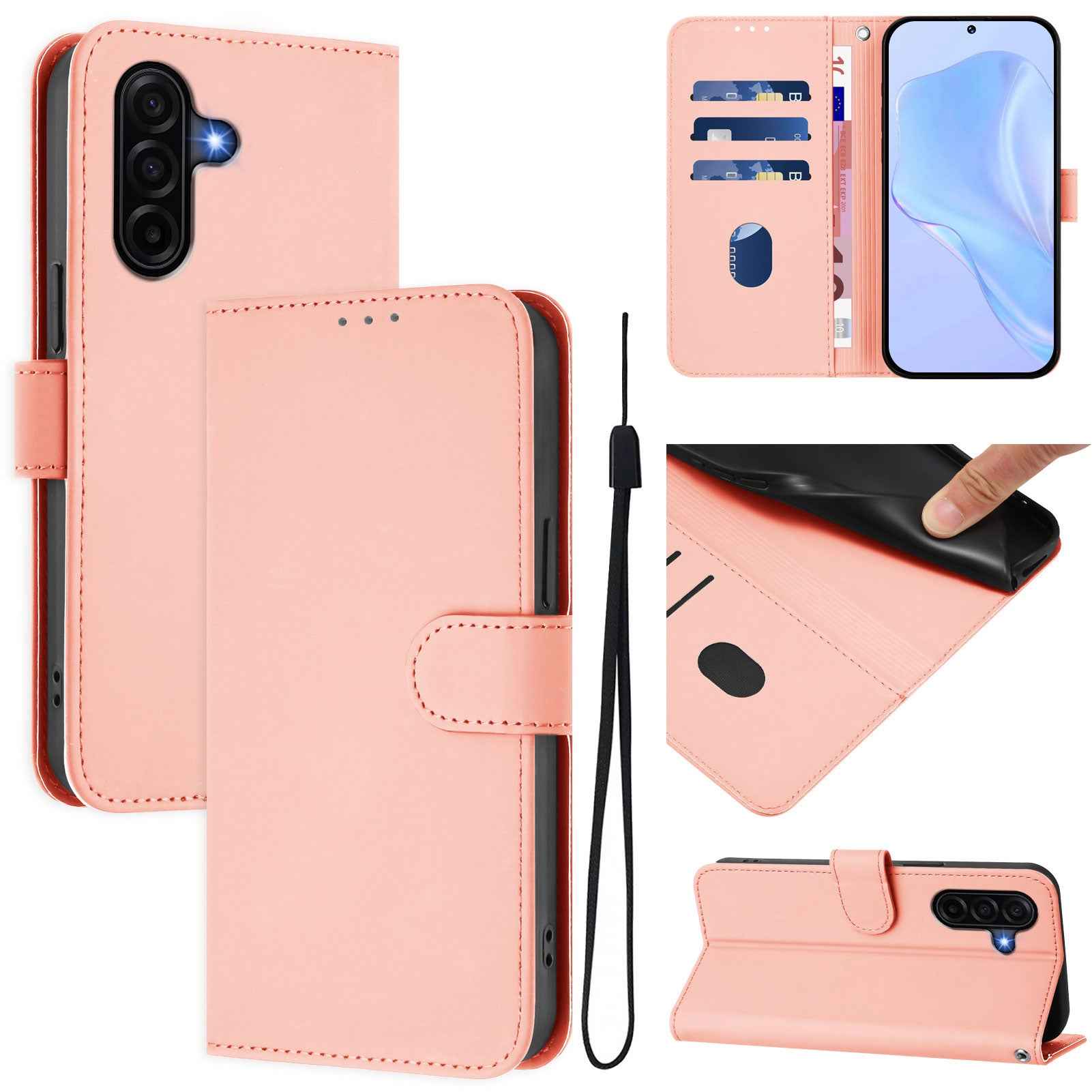 For Samsung Galaxy A57 5G Case Solid Color Wallet Leather Phone Cover with Strap - Pink