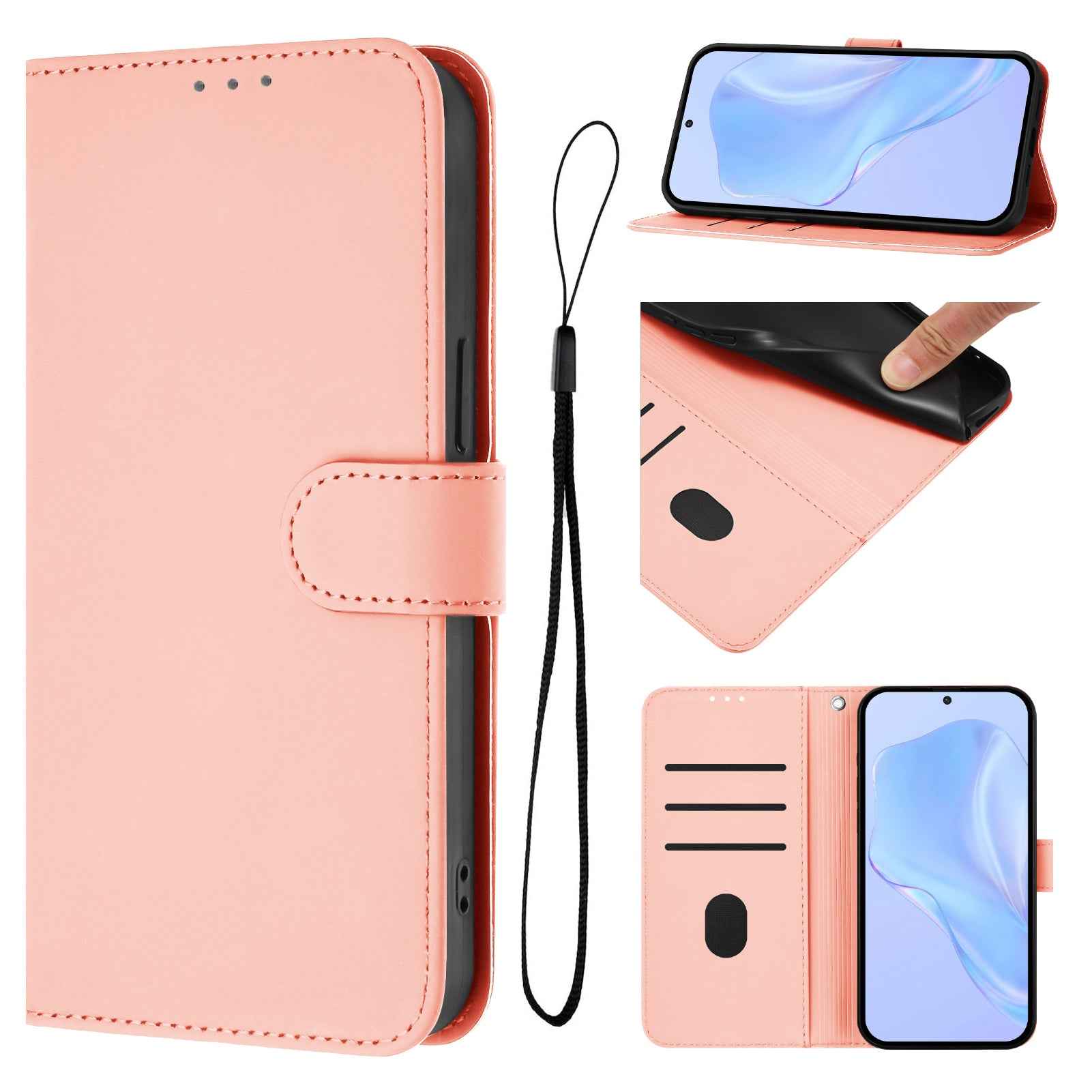 For Samsung Galaxy A57 5G Case Solid Color Wallet Leather Phone Cover with Strap - Pink