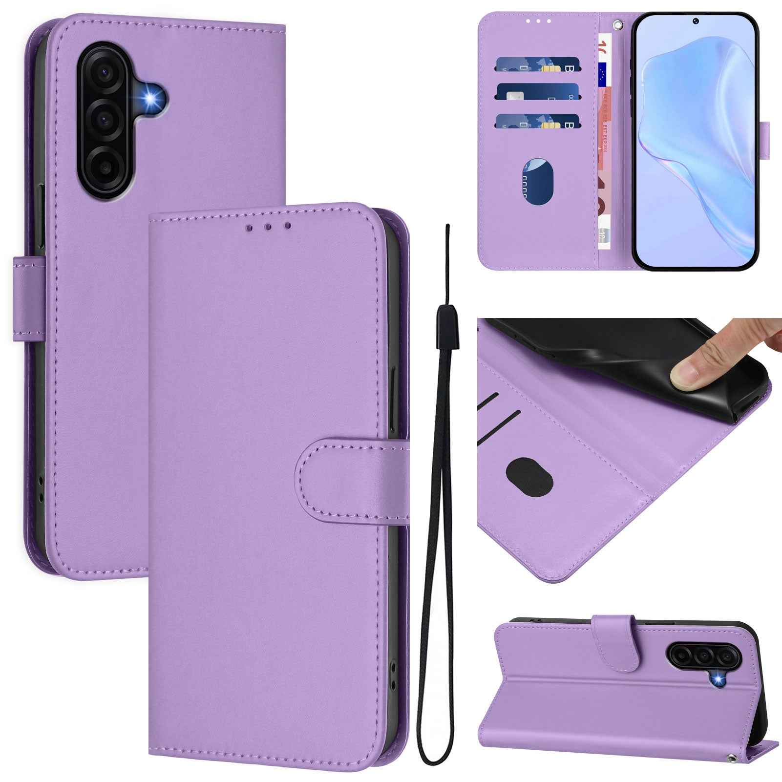 For Samsung Galaxy A57 5G Case Solid Color Wallet Leather Phone Cover with Strap - Lavender