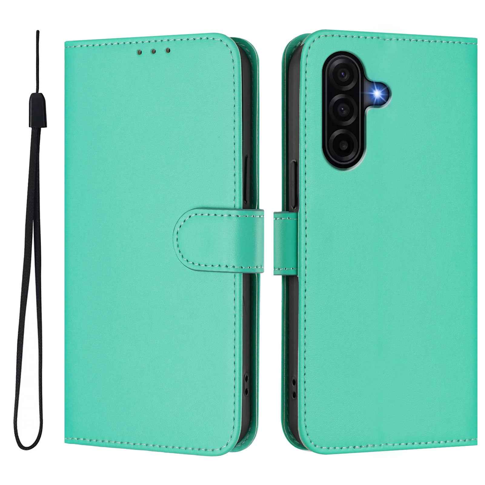 For Samsung Galaxy A57 5G Case Solid Color Wallet Leather Phone Cover with Strap - Green