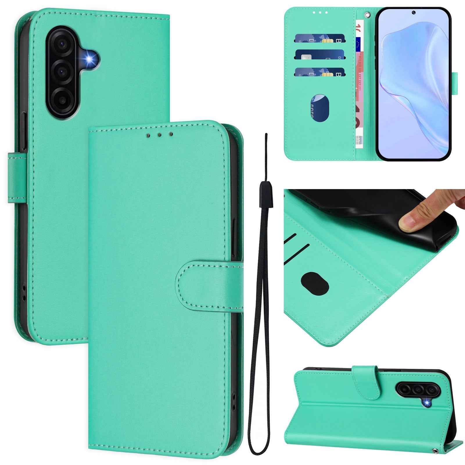 For Samsung Galaxy A57 5G Case Solid Color Wallet Leather Phone Cover with Strap - Green