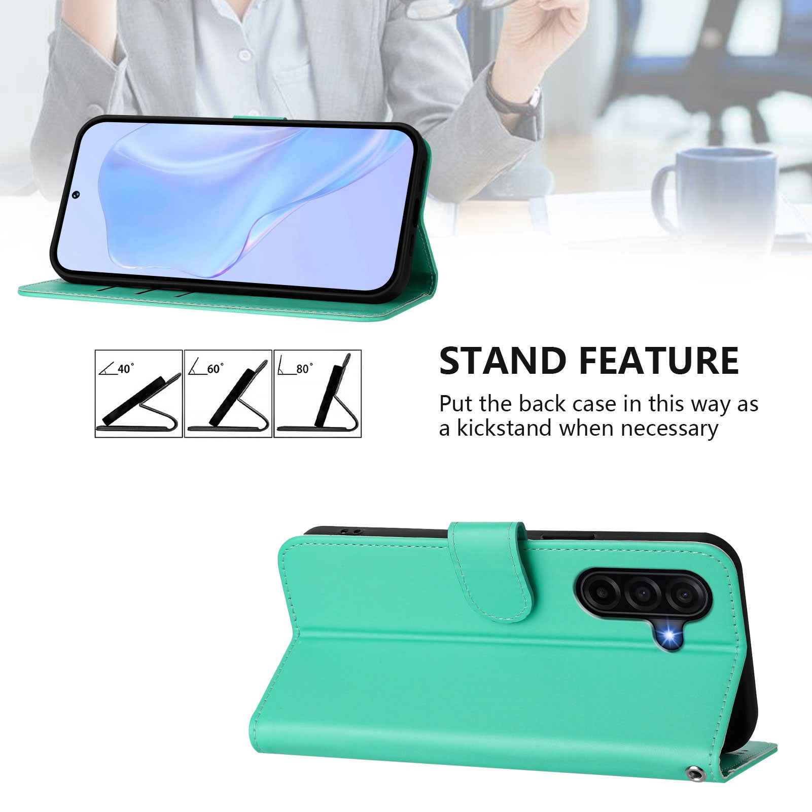For Samsung Galaxy A57 5G Case Solid Color Wallet Leather Phone Cover with Strap - Green