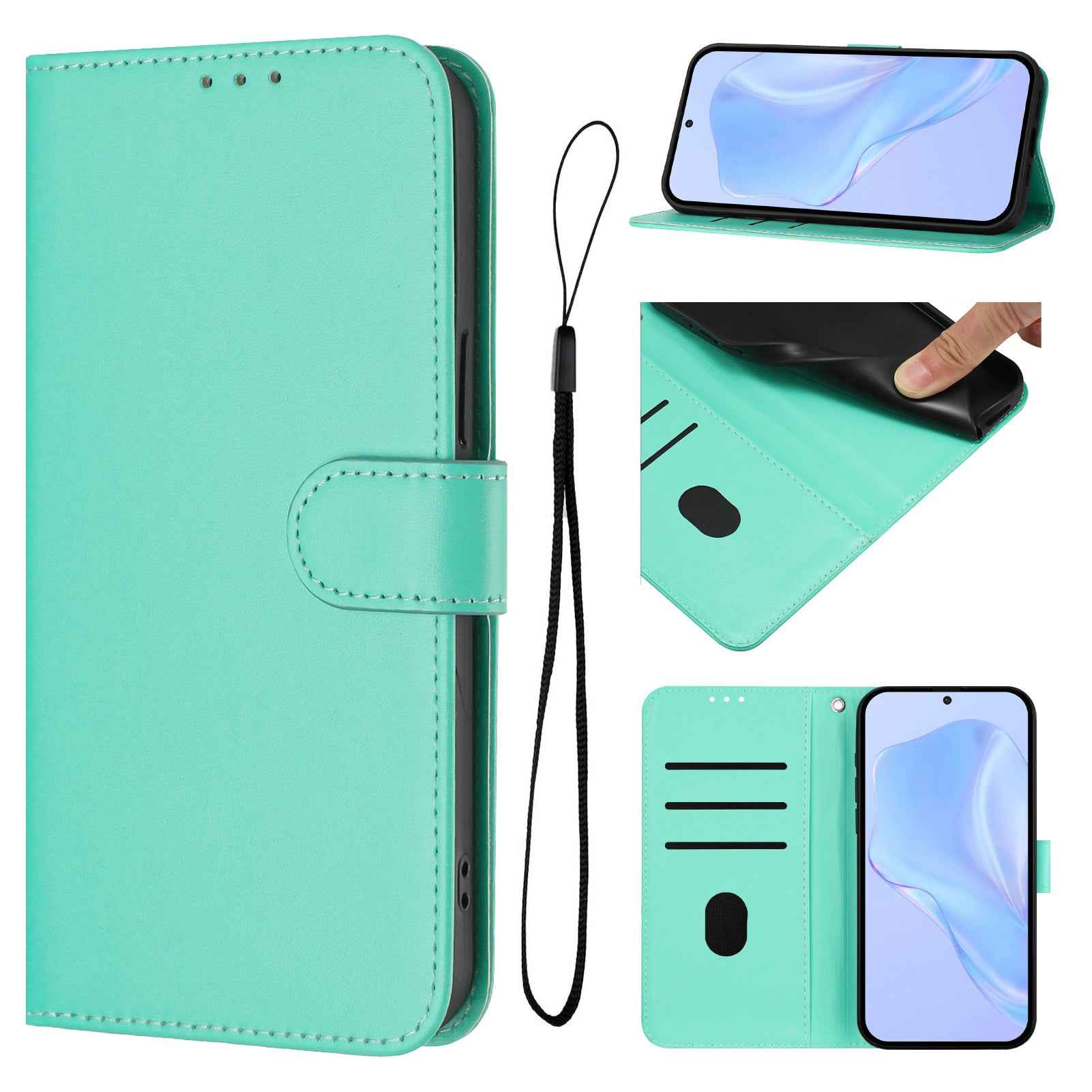 For Samsung Galaxy A57 5G Case Solid Color Wallet Leather Phone Cover with Strap - Green