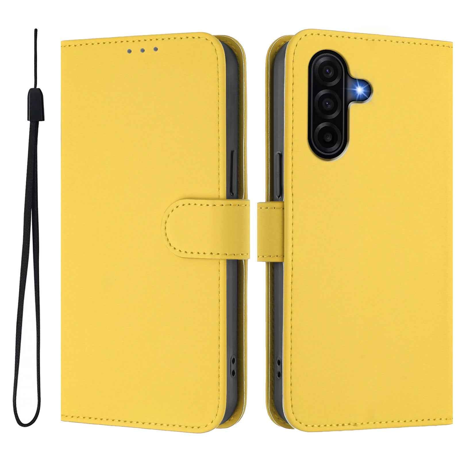 For Samsung Galaxy A57 5G Case Solid Color Wallet Leather Phone Cover with Strap - Lemon