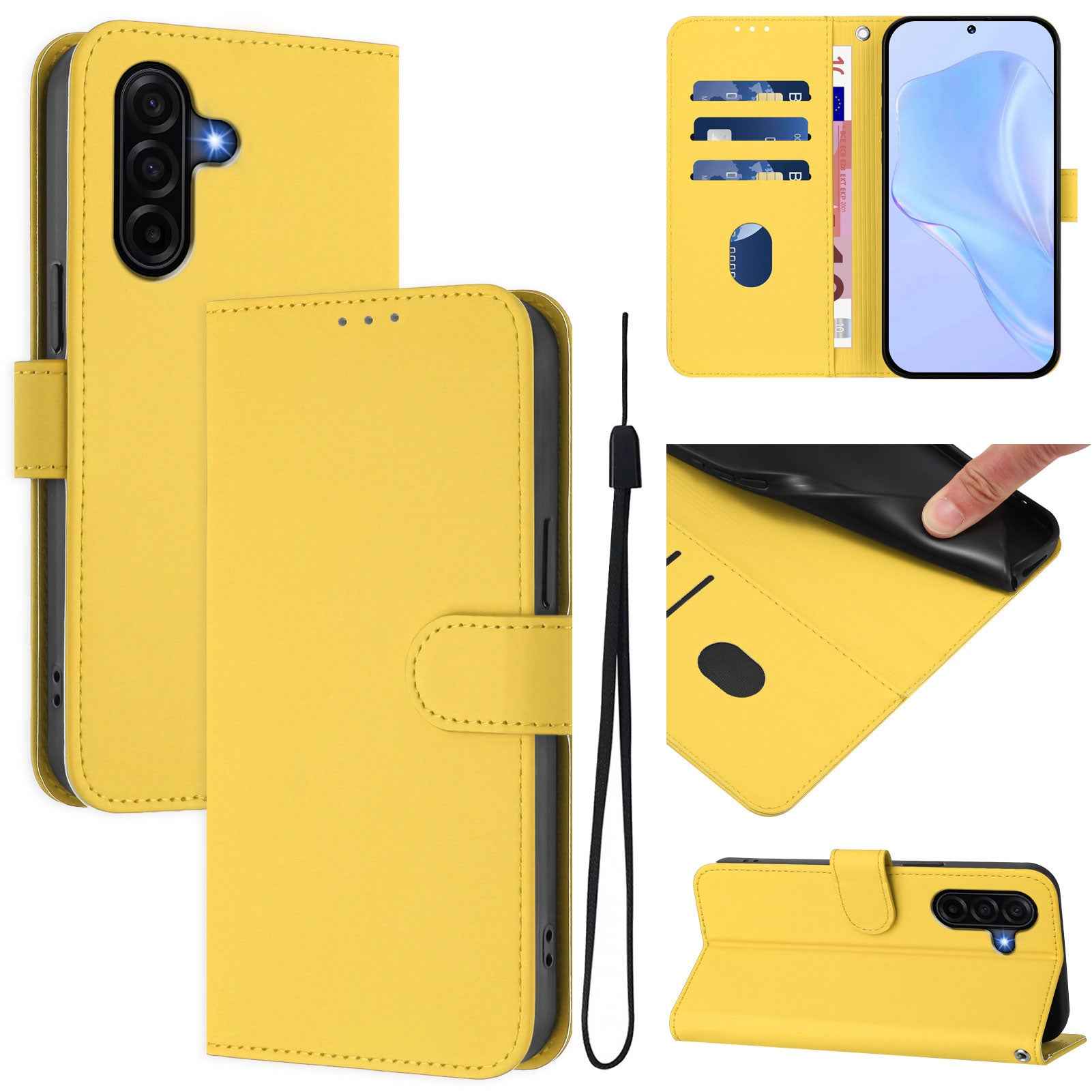 For Samsung Galaxy A57 5G Case Solid Color Wallet Leather Phone Cover with Strap - Lemon