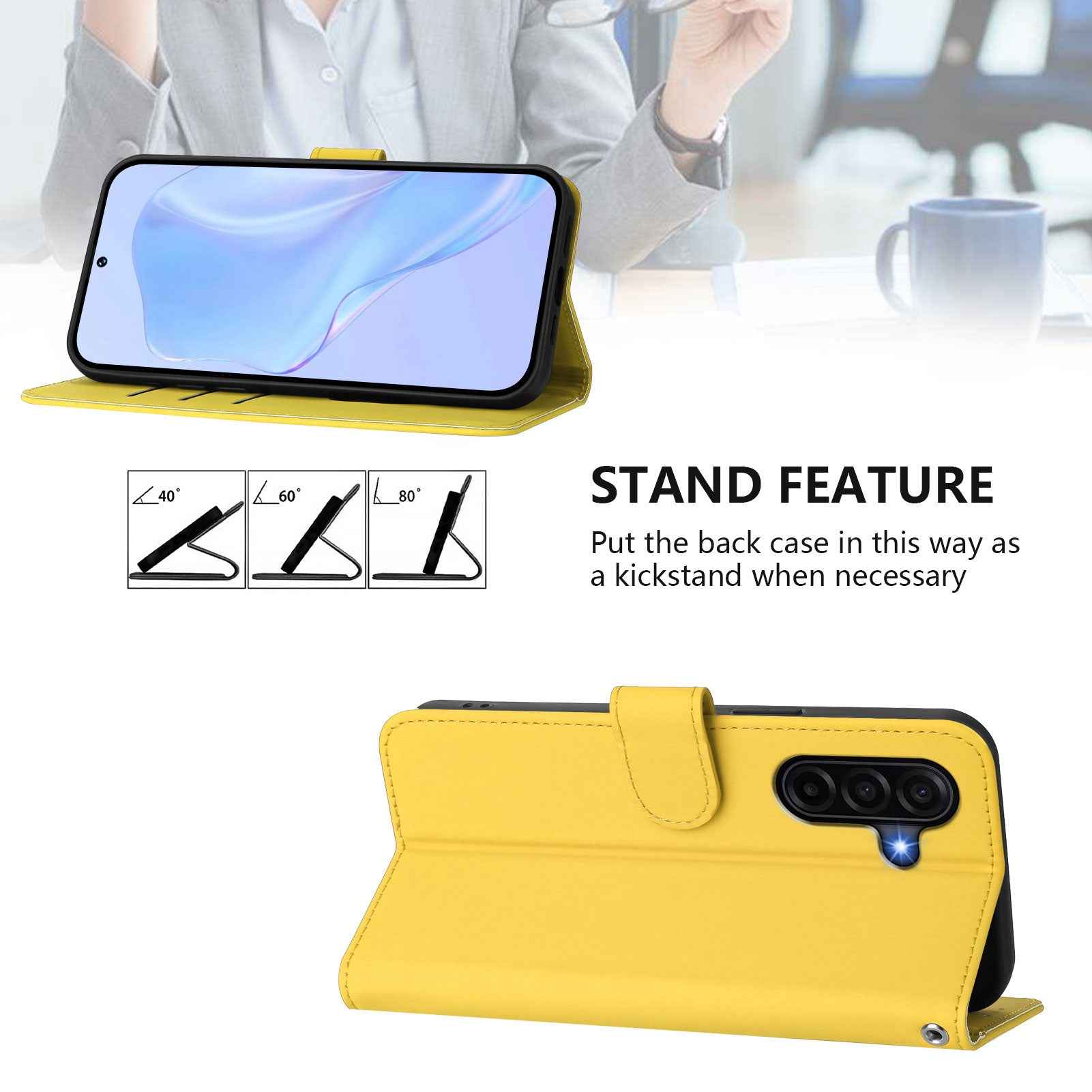 For Samsung Galaxy A57 5G Case Solid Color Wallet Leather Phone Cover with Strap - Lemon