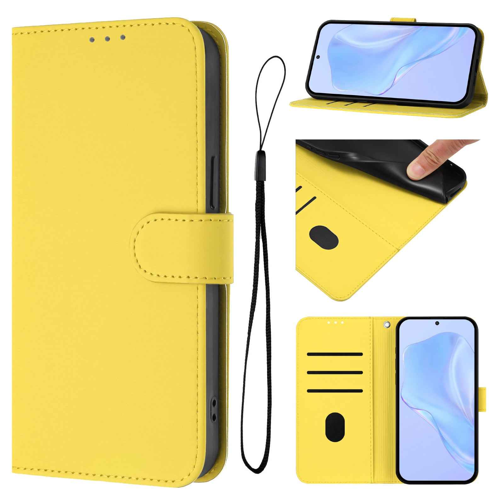 For Samsung Galaxy A57 5G Case Solid Color Wallet Leather Phone Cover with Strap - Lemon