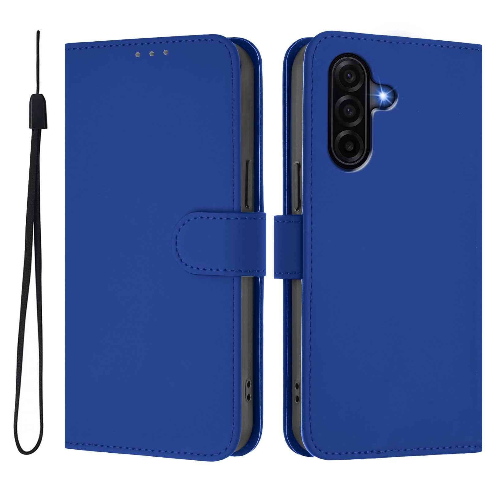 For Samsung Galaxy A57 5G Case Solid Color Wallet Leather Phone Cover with Strap - Navy Blue