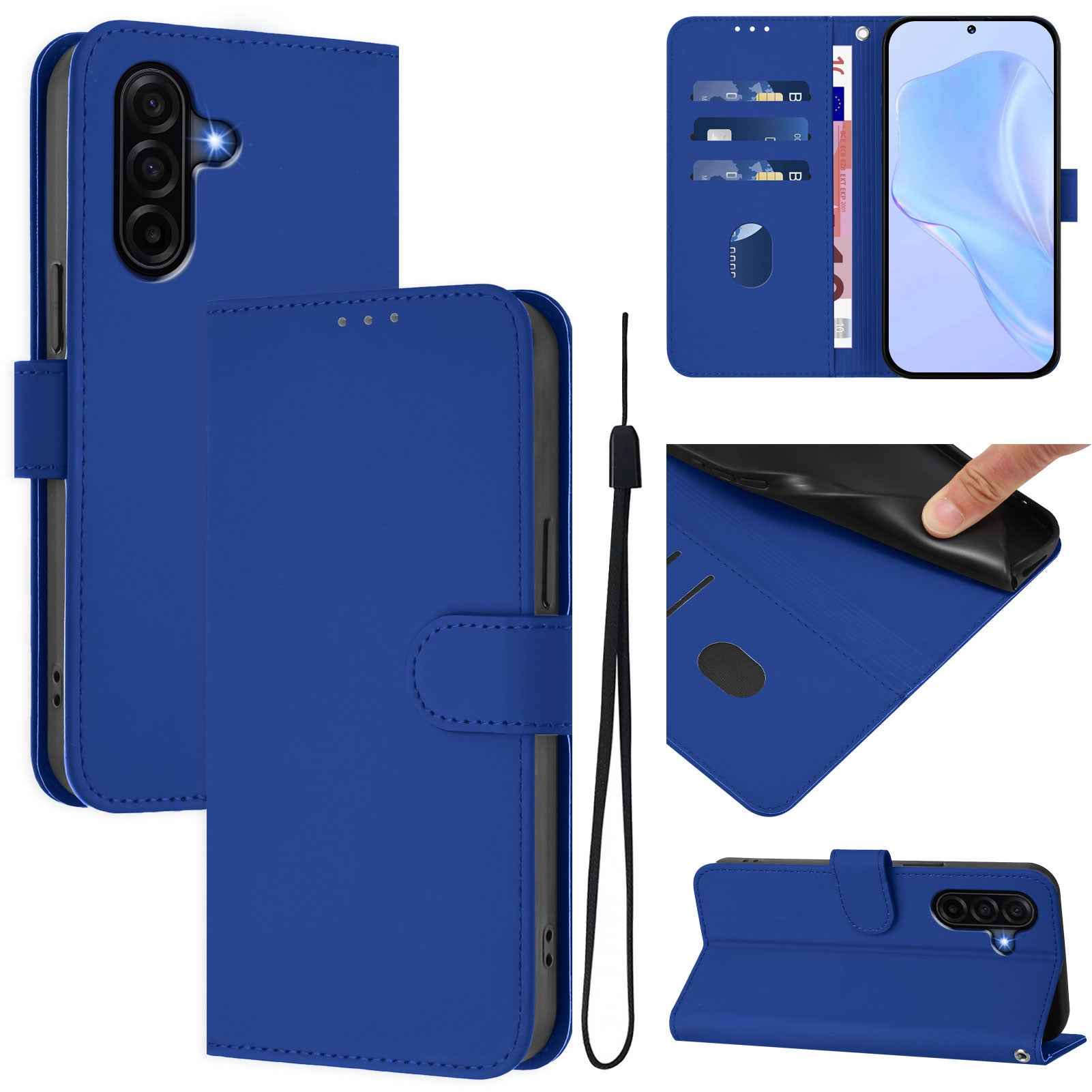 For Samsung Galaxy A57 5G Case Solid Color Wallet Leather Phone Cover with Strap - Navy Blue