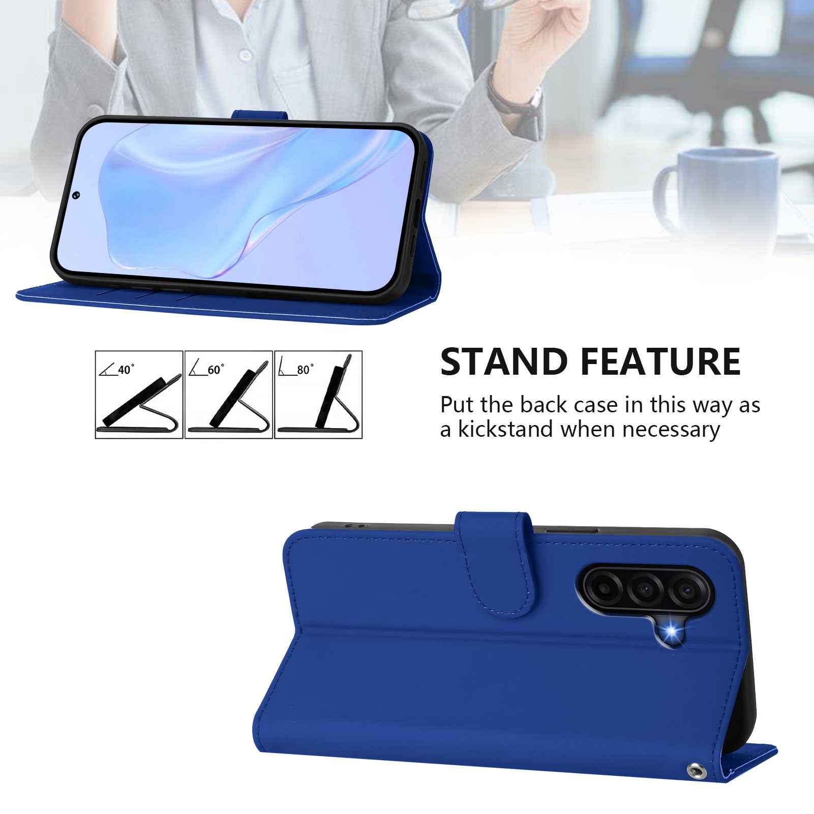 For Samsung Galaxy A57 5G Case Solid Color Wallet Leather Phone Cover with Strap - Navy Blue