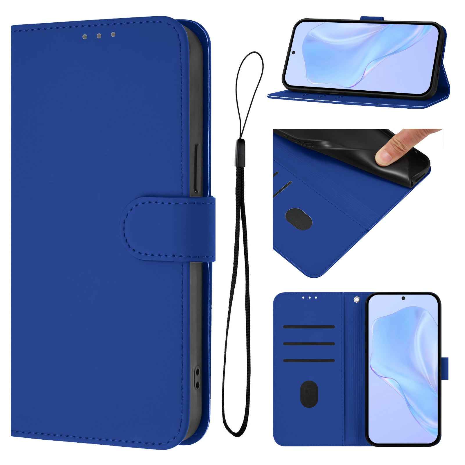For Samsung Galaxy A57 5G Case Solid Color Wallet Leather Phone Cover with Strap - Navy Blue