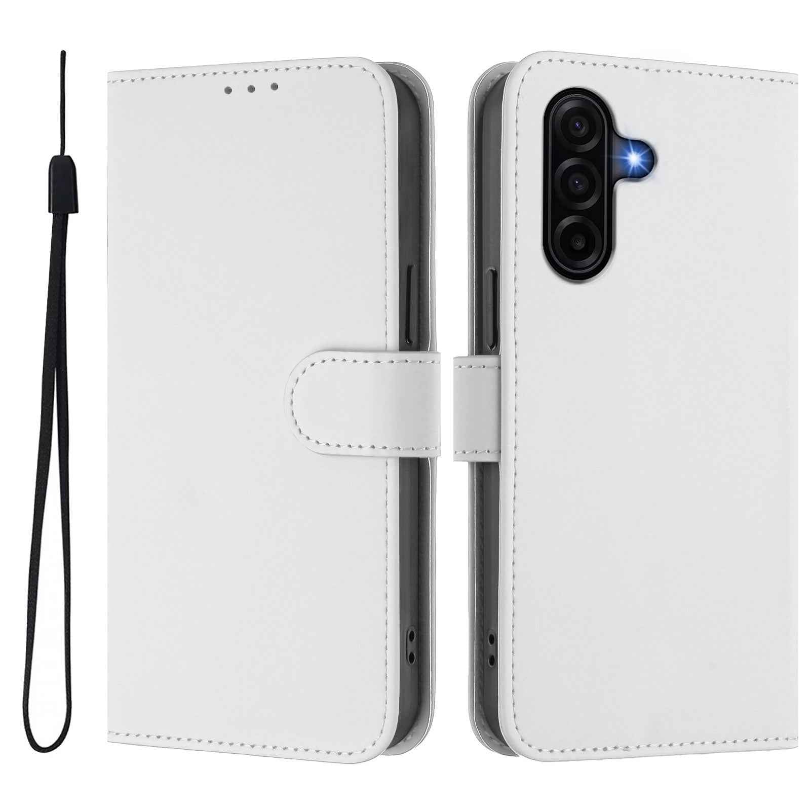 For Samsung Galaxy A57 5G Case Solid Color Wallet Leather Phone Cover with Strap - White