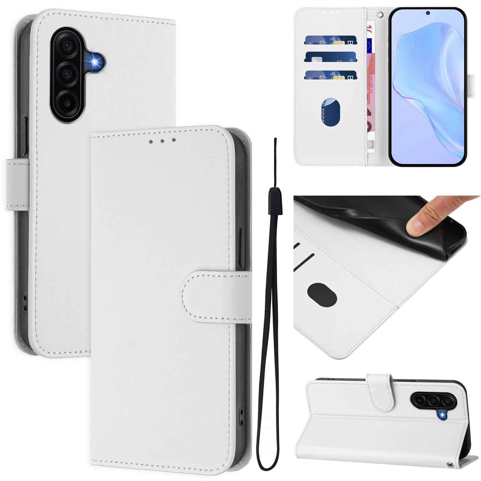 For Samsung Galaxy A57 5G Case Solid Color Wallet Leather Phone Cover with Strap - White