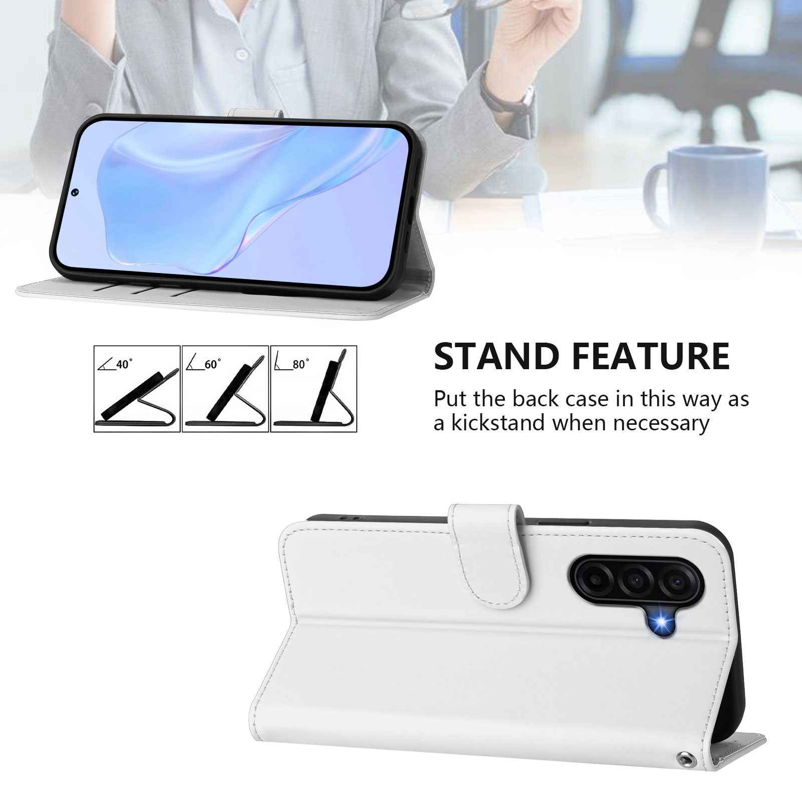 For Samsung Galaxy A57 5G Case Solid Color Wallet Leather Phone Cover with Strap - White