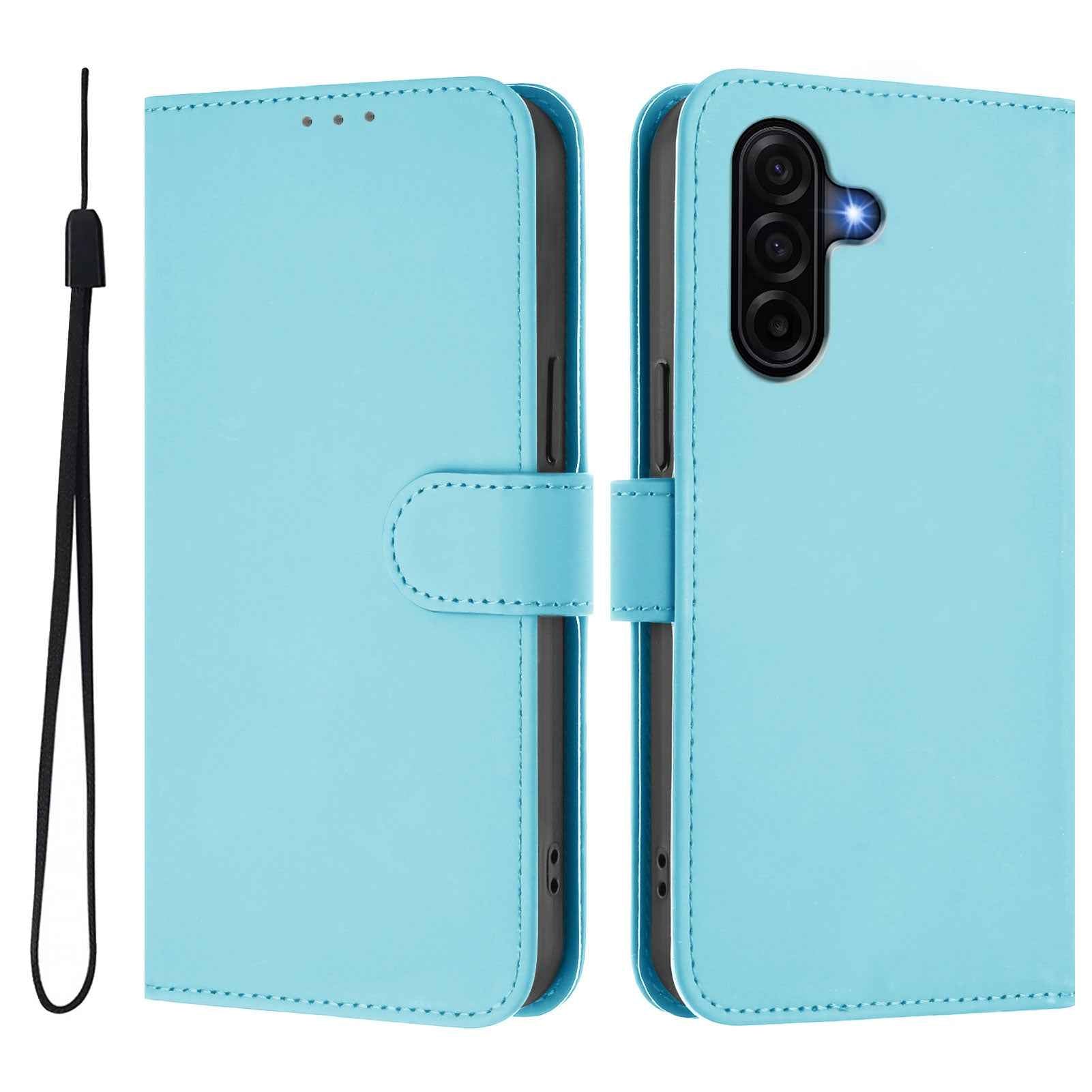 For Samsung Galaxy A57 5G Case Solid Color Wallet Leather Phone Cover with Strap - Sky Blue