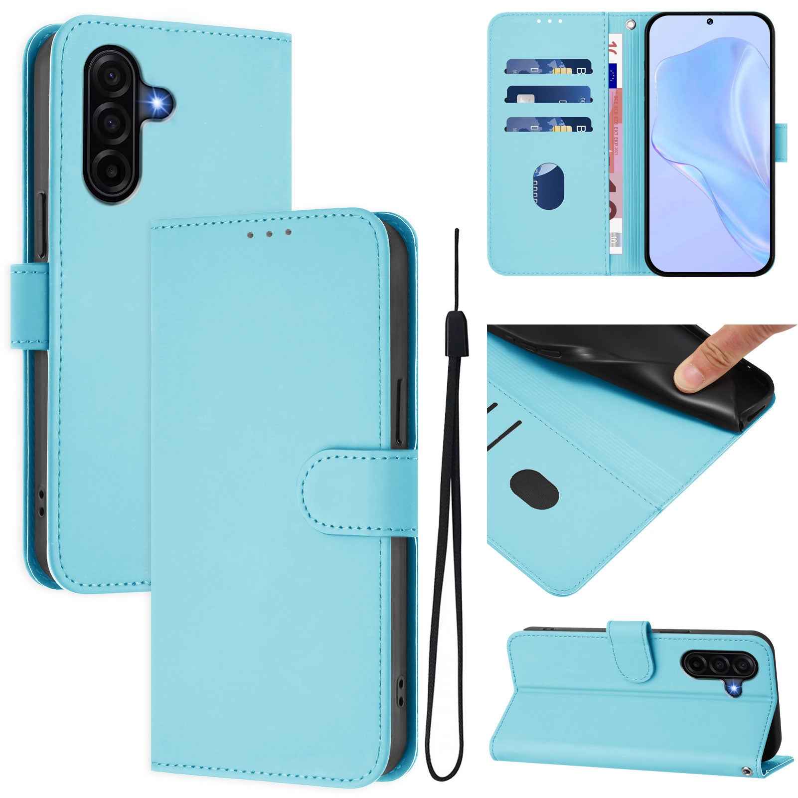 For Samsung Galaxy A57 5G Case Solid Color Wallet Leather Phone Cover with Strap - Sky Blue