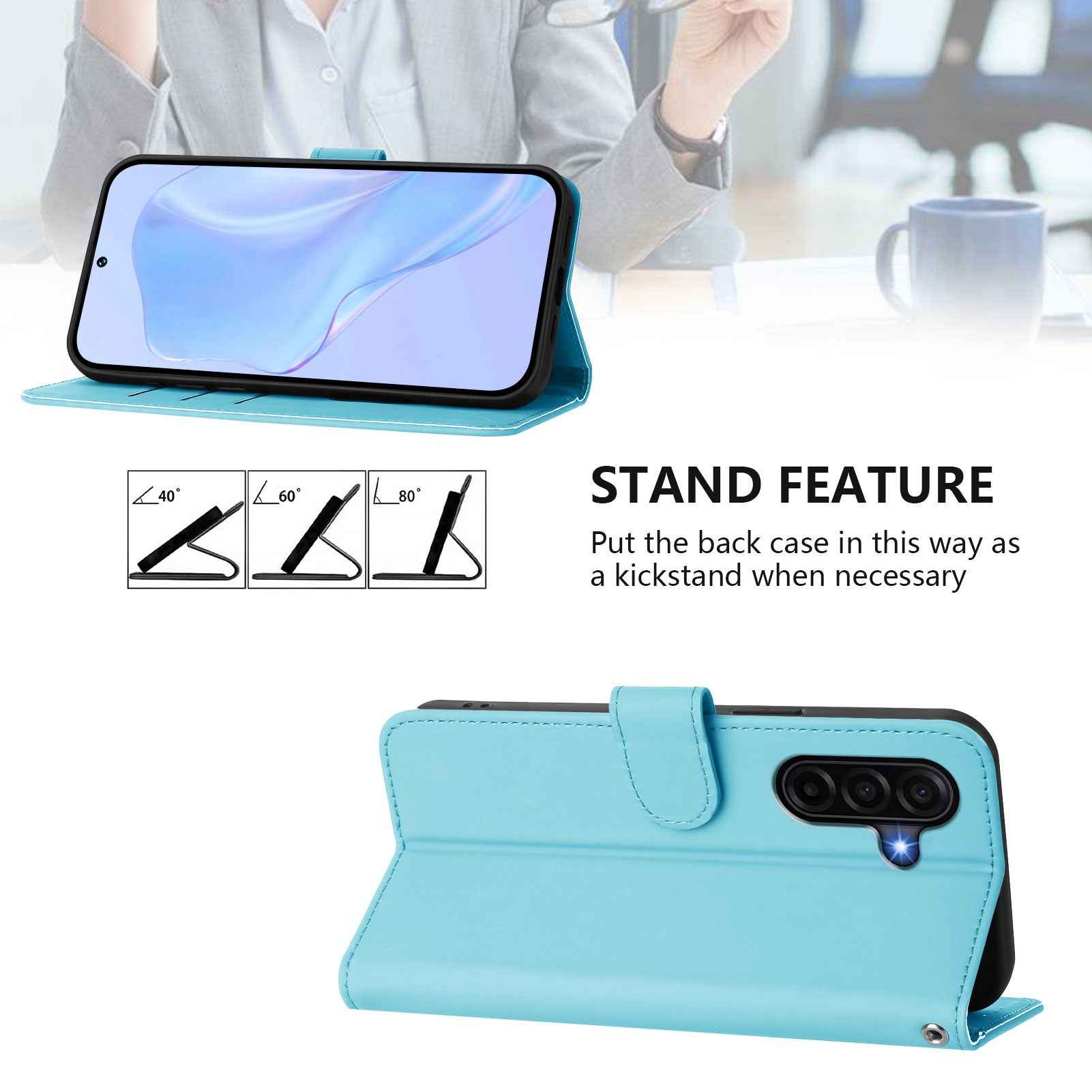 For Samsung Galaxy A57 5G Case Solid Color Wallet Leather Phone Cover with Strap - Sky Blue
