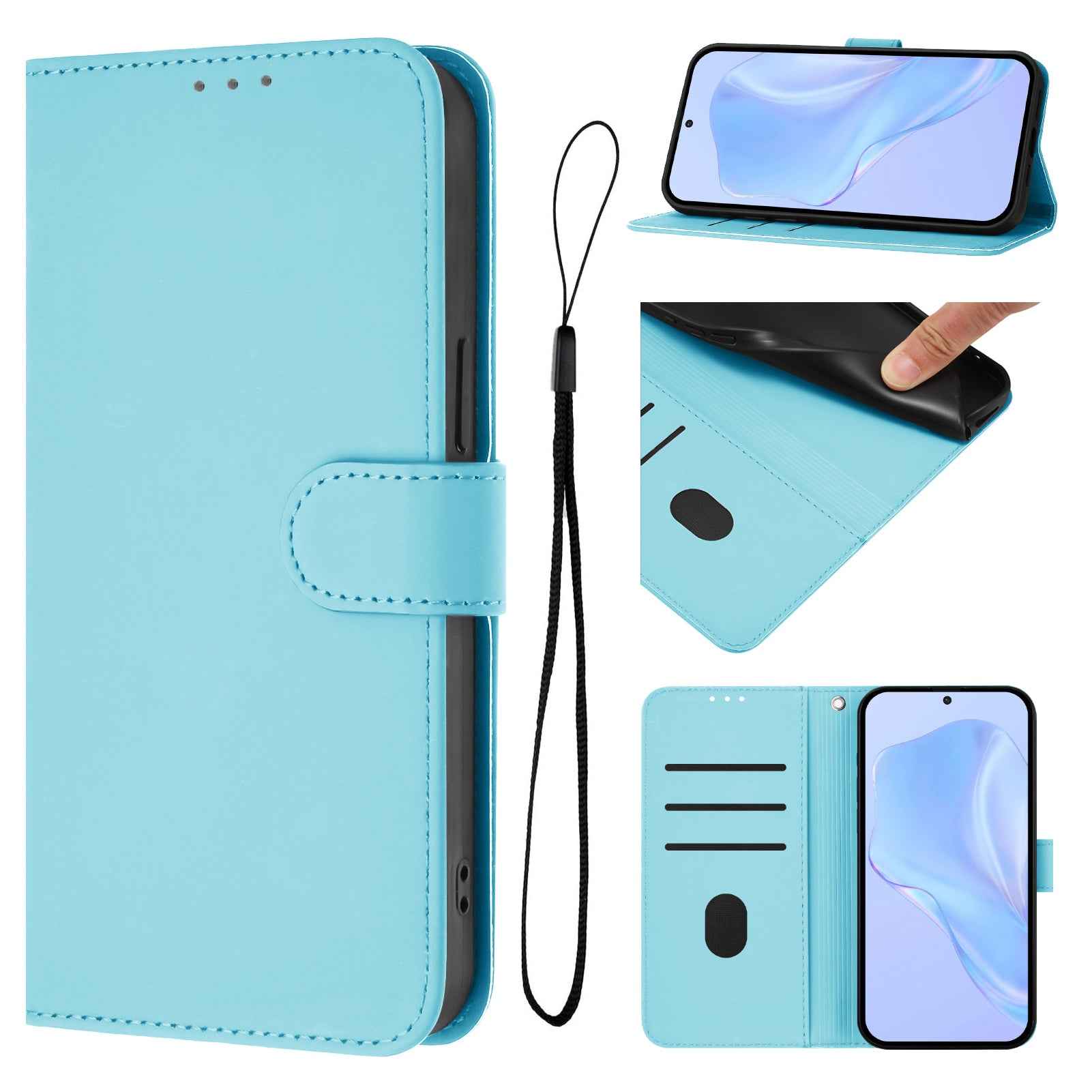 For Samsung Galaxy A57 5G Case Solid Color Wallet Leather Phone Cover with Strap - Sky Blue