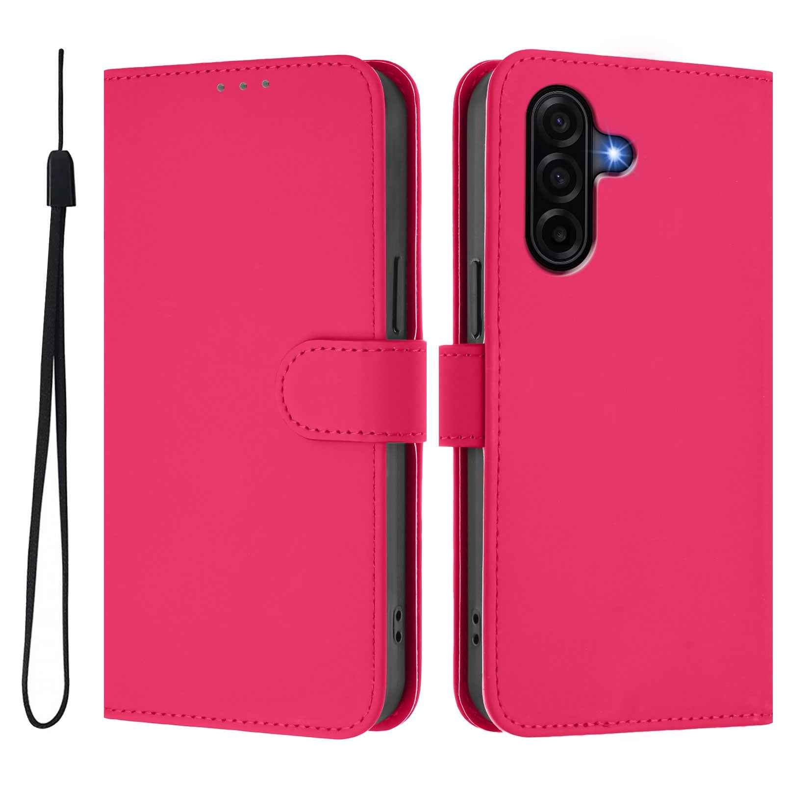 For Samsung Galaxy A57 5G Case Solid Color Wallet Leather Phone Cover with Strap - Rose Red