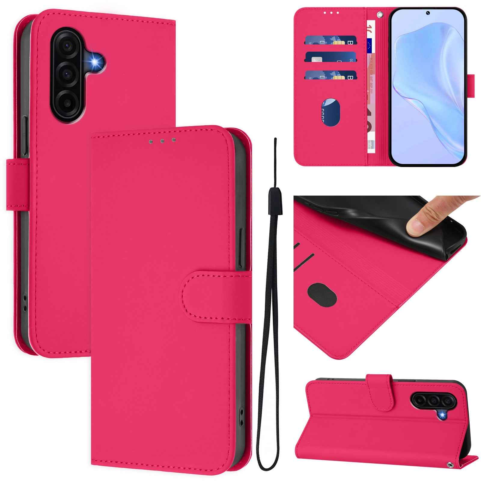 For Samsung Galaxy A57 5G Case Solid Color Wallet Leather Phone Cover with Strap - Rose Red