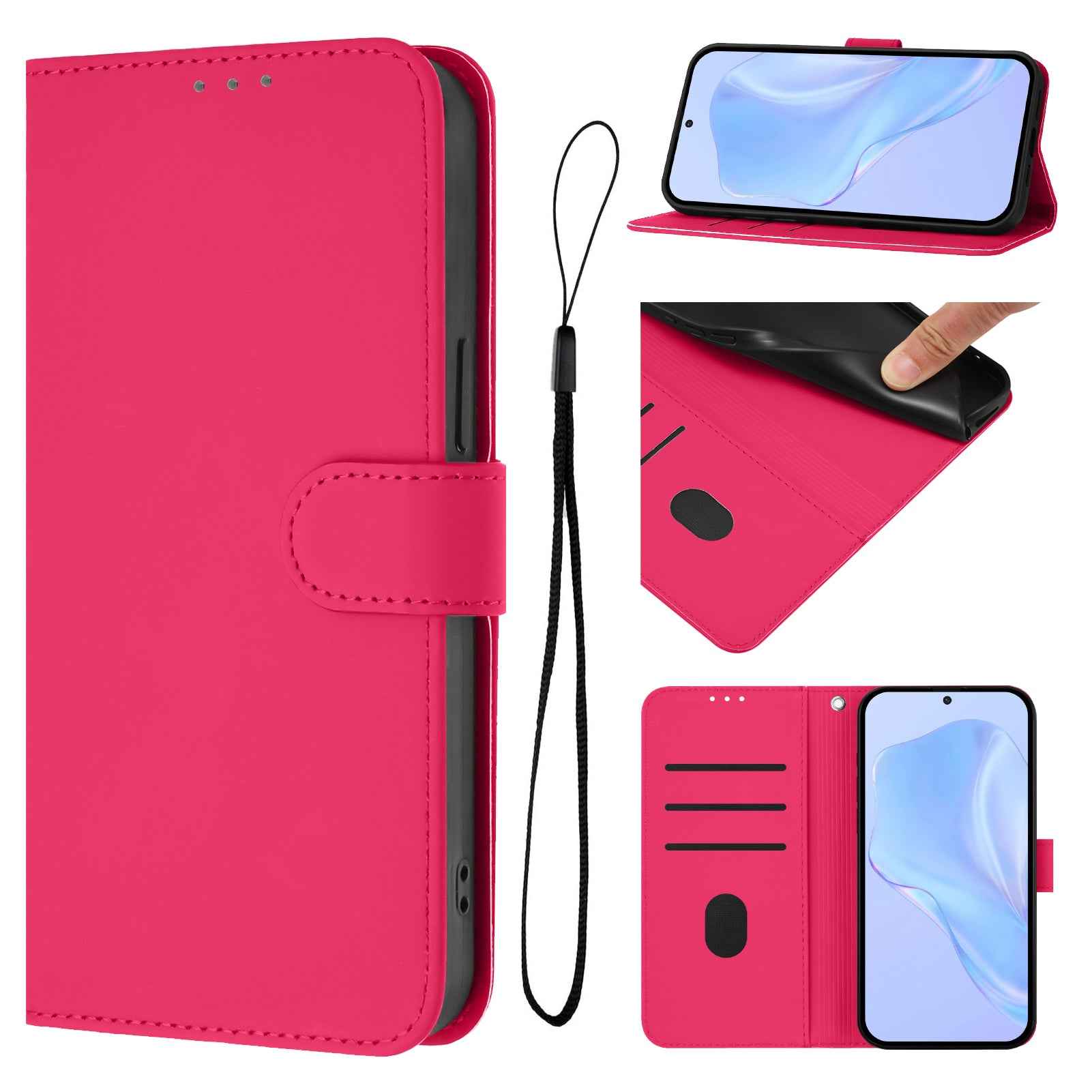 For Samsung Galaxy A57 5G Case Solid Color Wallet Leather Phone Cover with Strap - Rose Red
