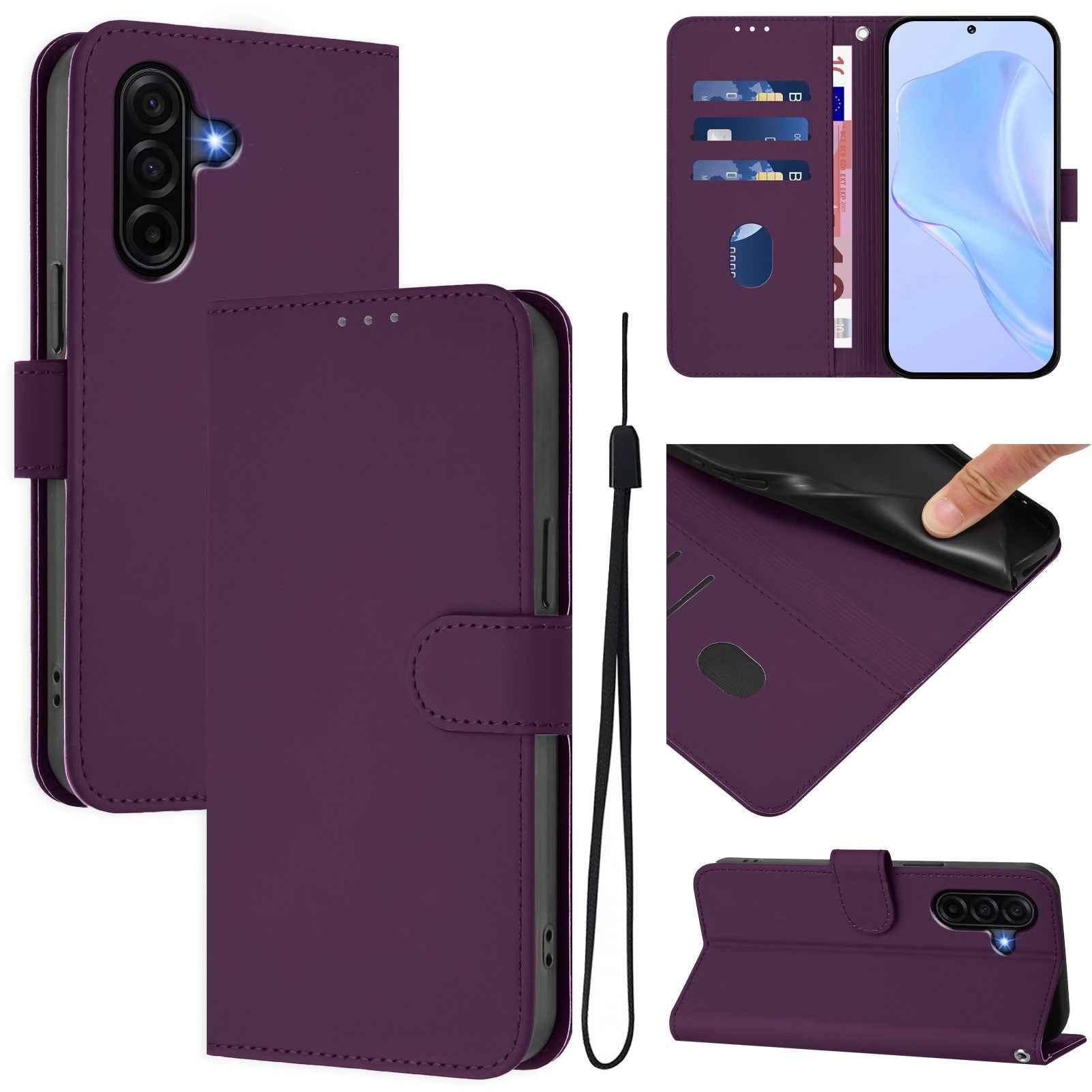 For Samsung Galaxy A57 5G Case Solid Color Wallet Leather Phone Cover with Strap - Voilet