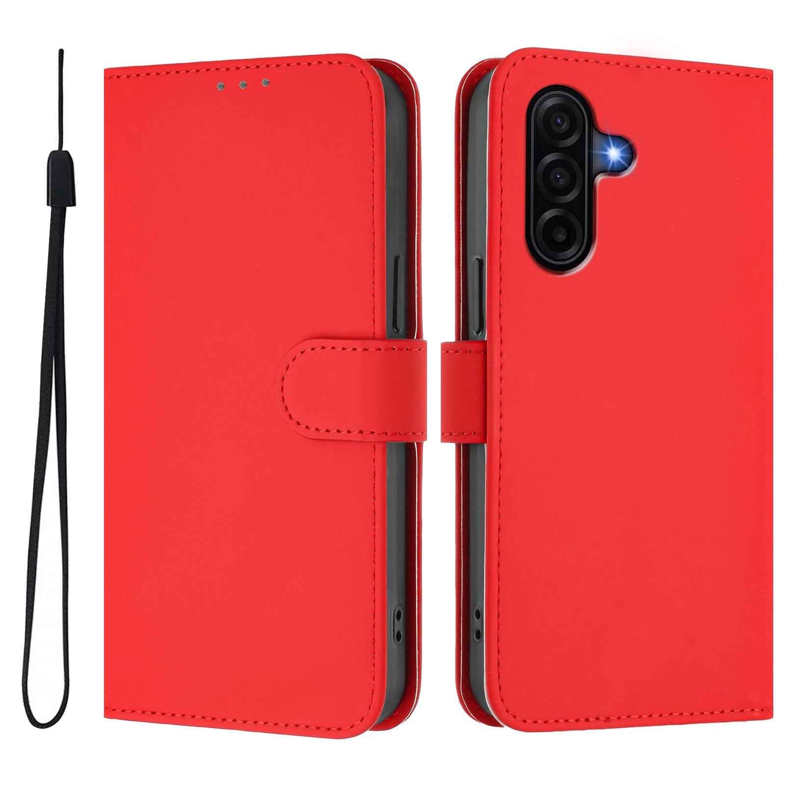 For Samsung Galaxy A57 5G Case Solid Color Wallet Leather Phone Cover with Strap - Bright Red