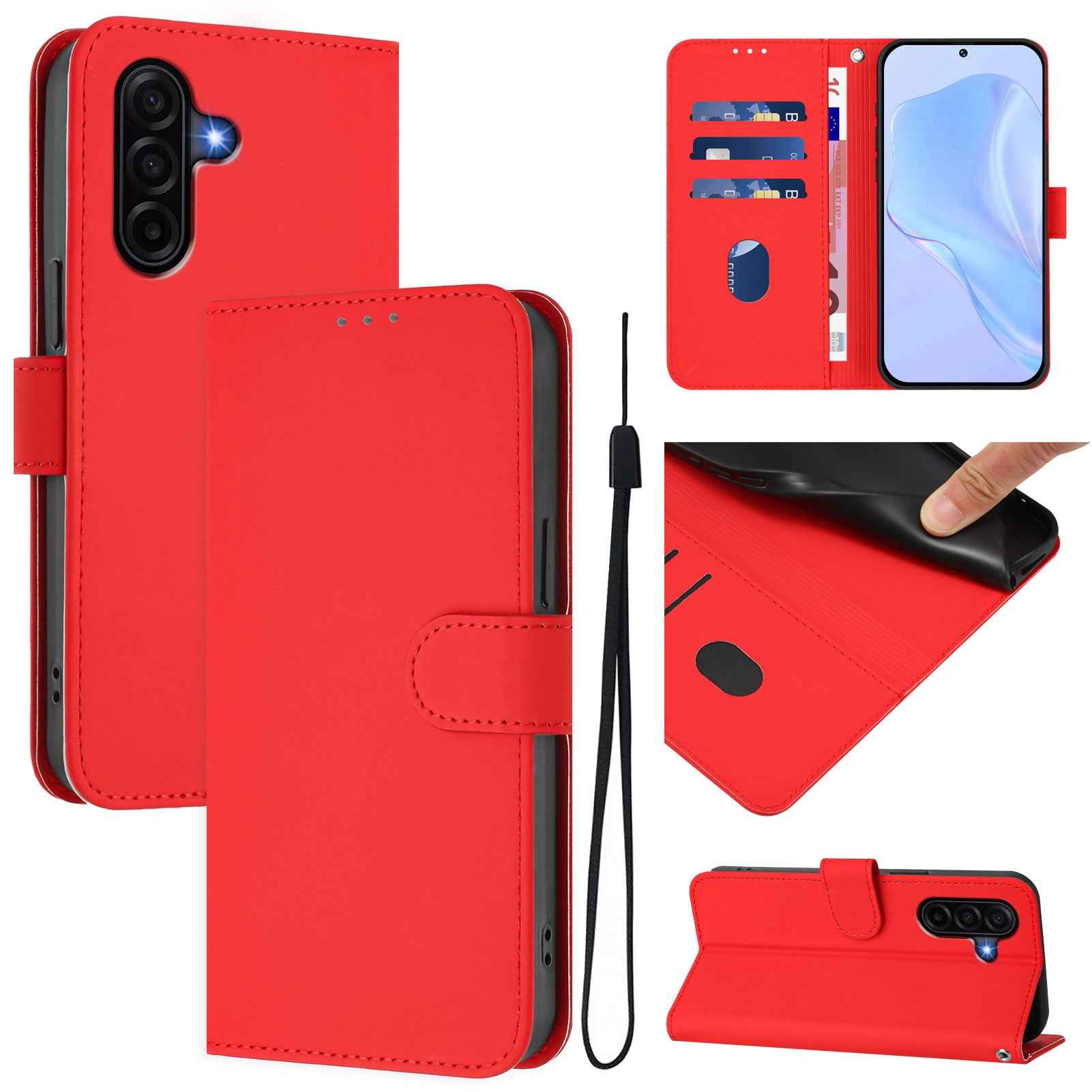 For Samsung Galaxy A57 5G Case Solid Color Wallet Leather Phone Cover with Strap - Bright Red