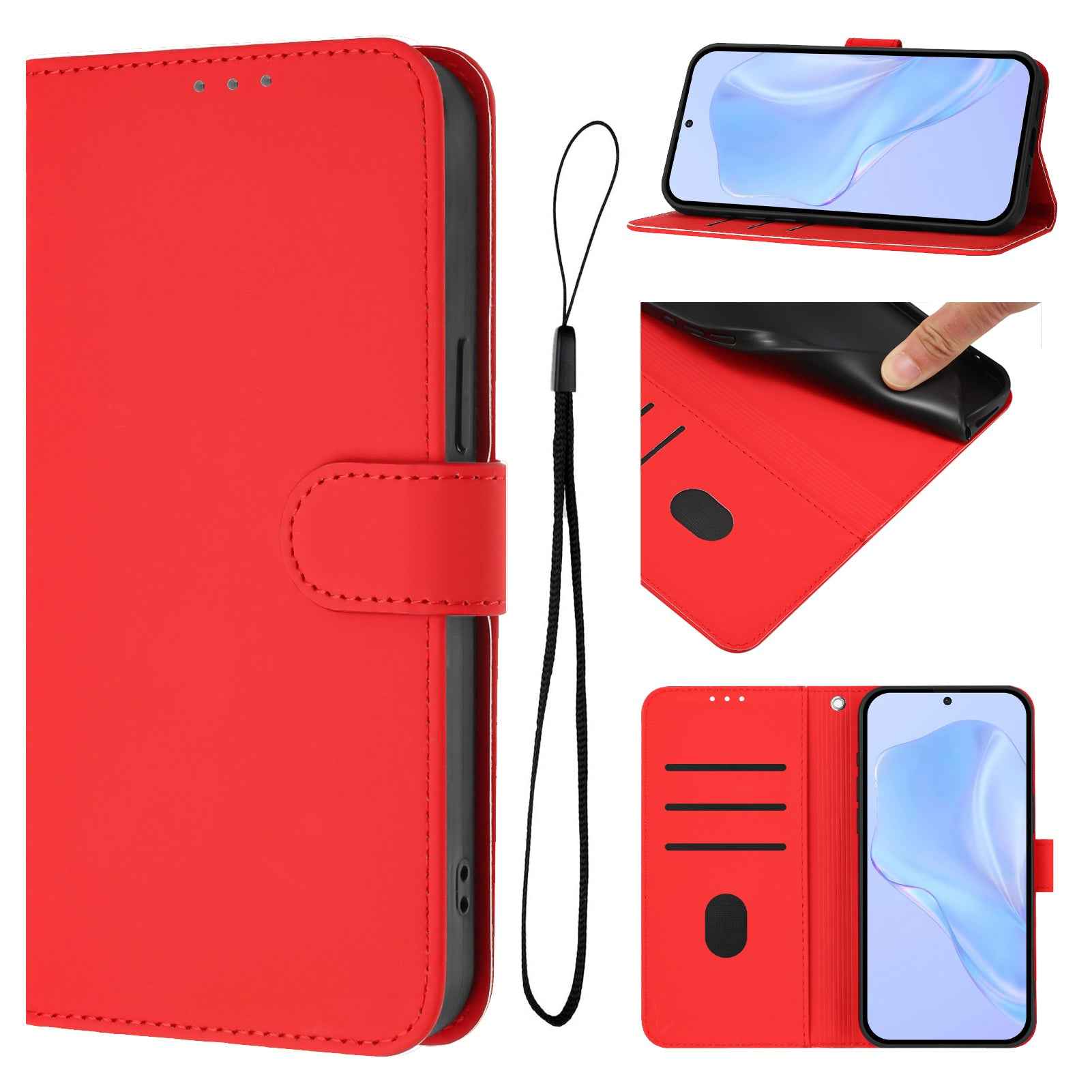 For Samsung Galaxy A57 5G Case Solid Color Wallet Leather Phone Cover with Strap - Bright Red