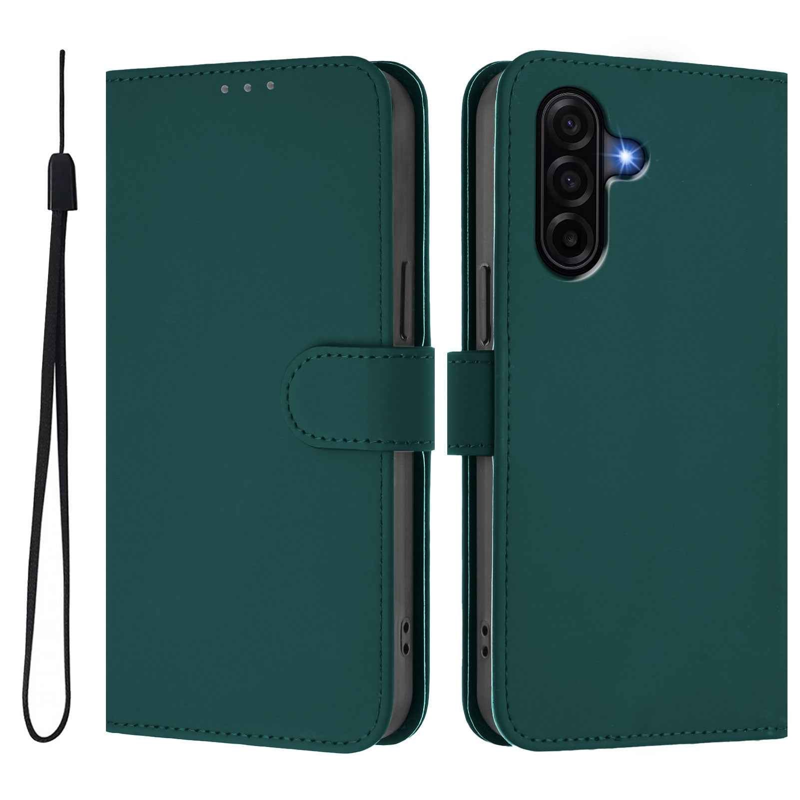 For Samsung Galaxy A57 5G Case Solid Color Wallet Leather Phone Cover with Strap - Dark Green