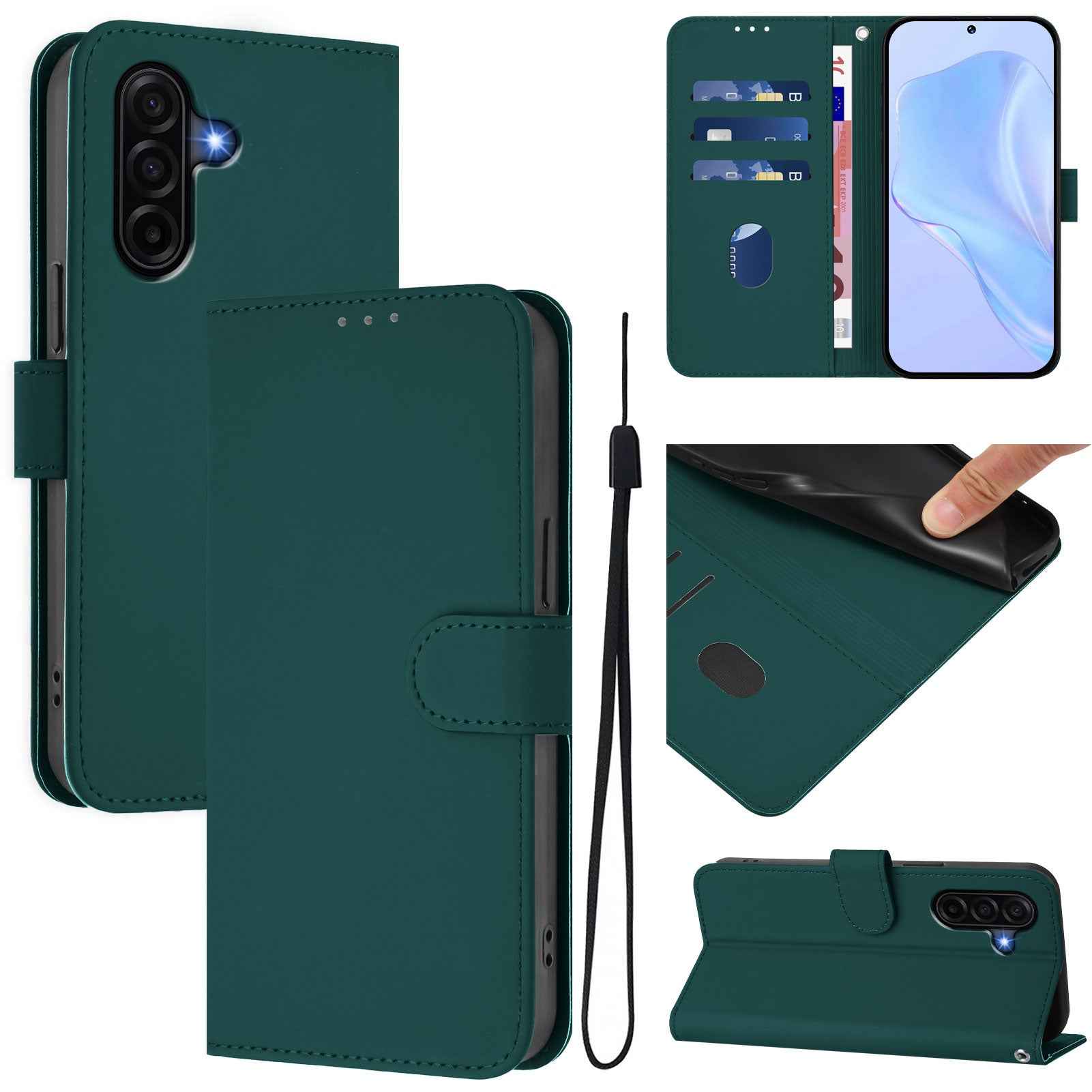 For Samsung Galaxy A57 5G Case Solid Color Wallet Leather Phone Cover with Strap - Dark Green