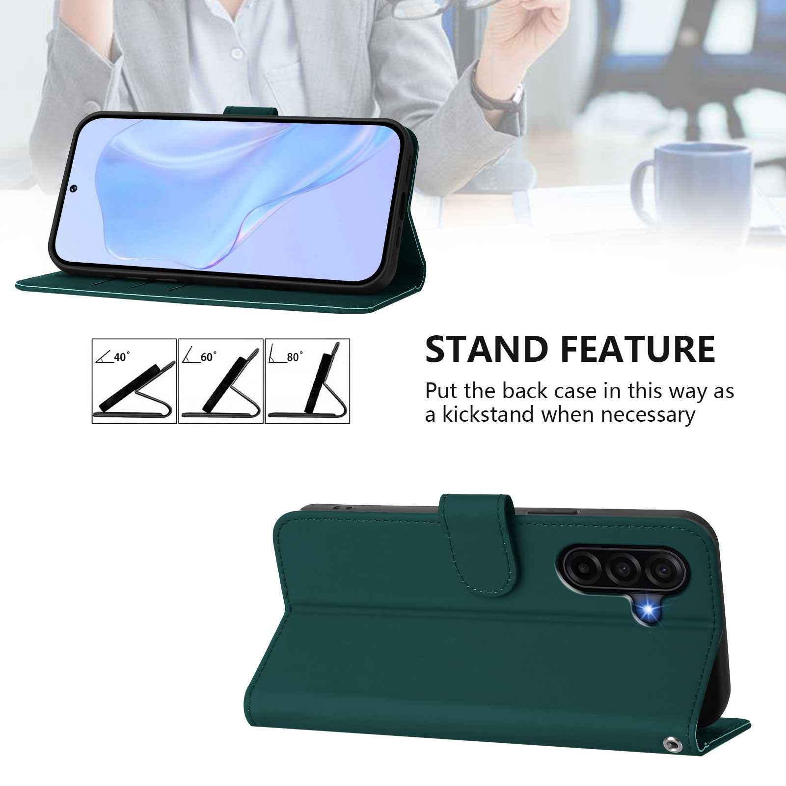 For Samsung Galaxy A57 5G Case Solid Color Wallet Leather Phone Cover with Strap - Dark Green