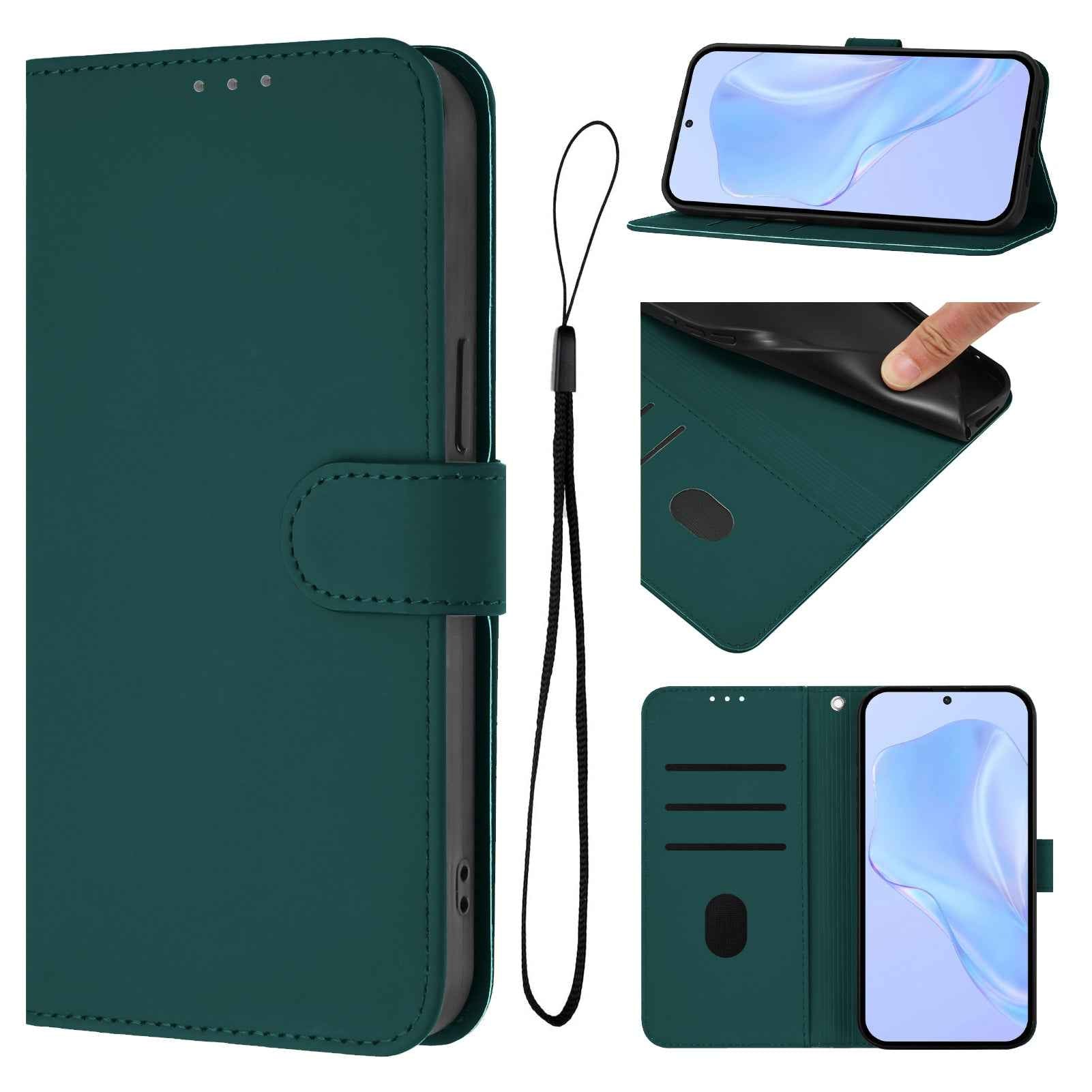 For Samsung Galaxy A57 5G Case Solid Color Wallet Leather Phone Cover with Strap - Dark Green