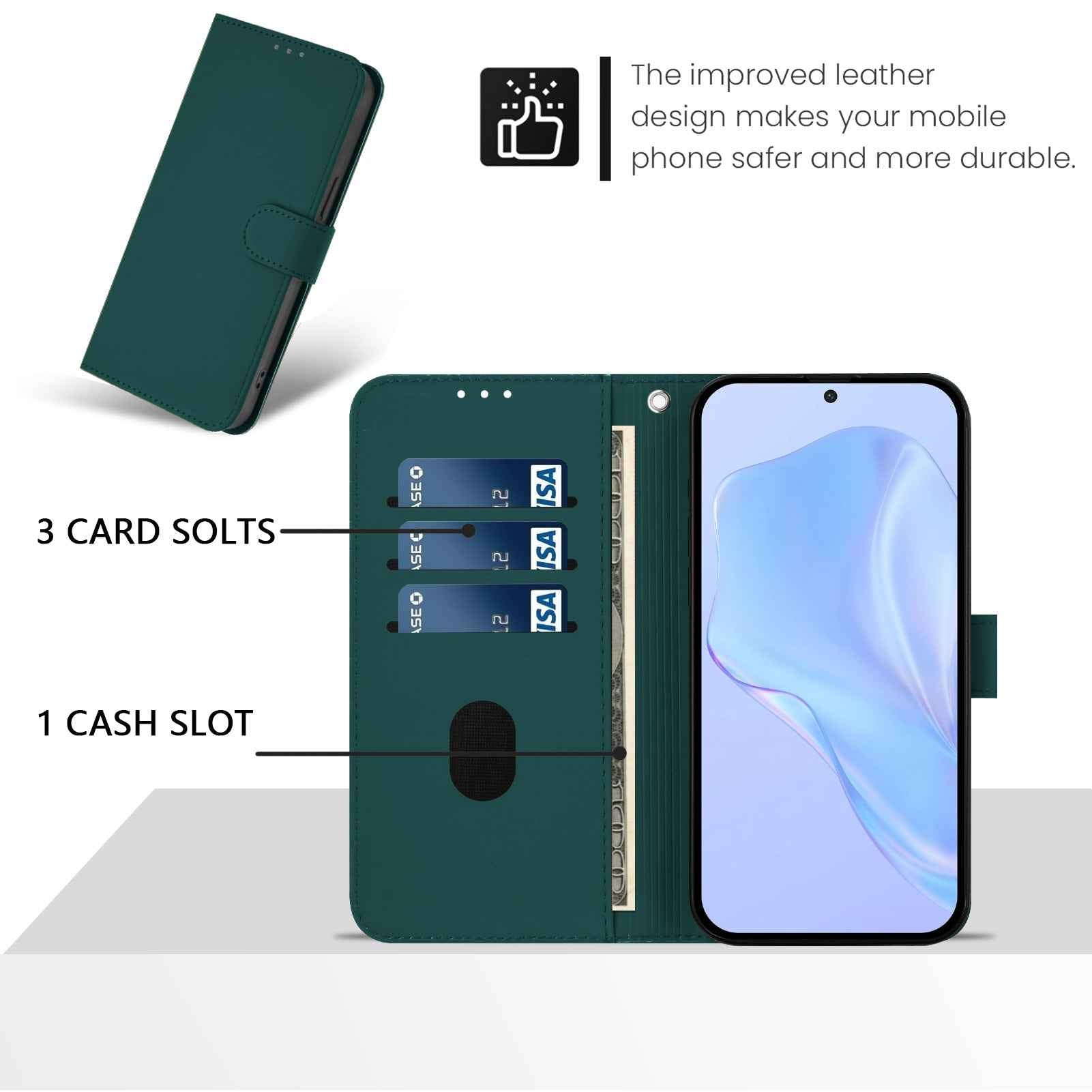 For Samsung Galaxy A57 5G Case Solid Color Wallet Leather Phone Cover with Strap - Dark Green