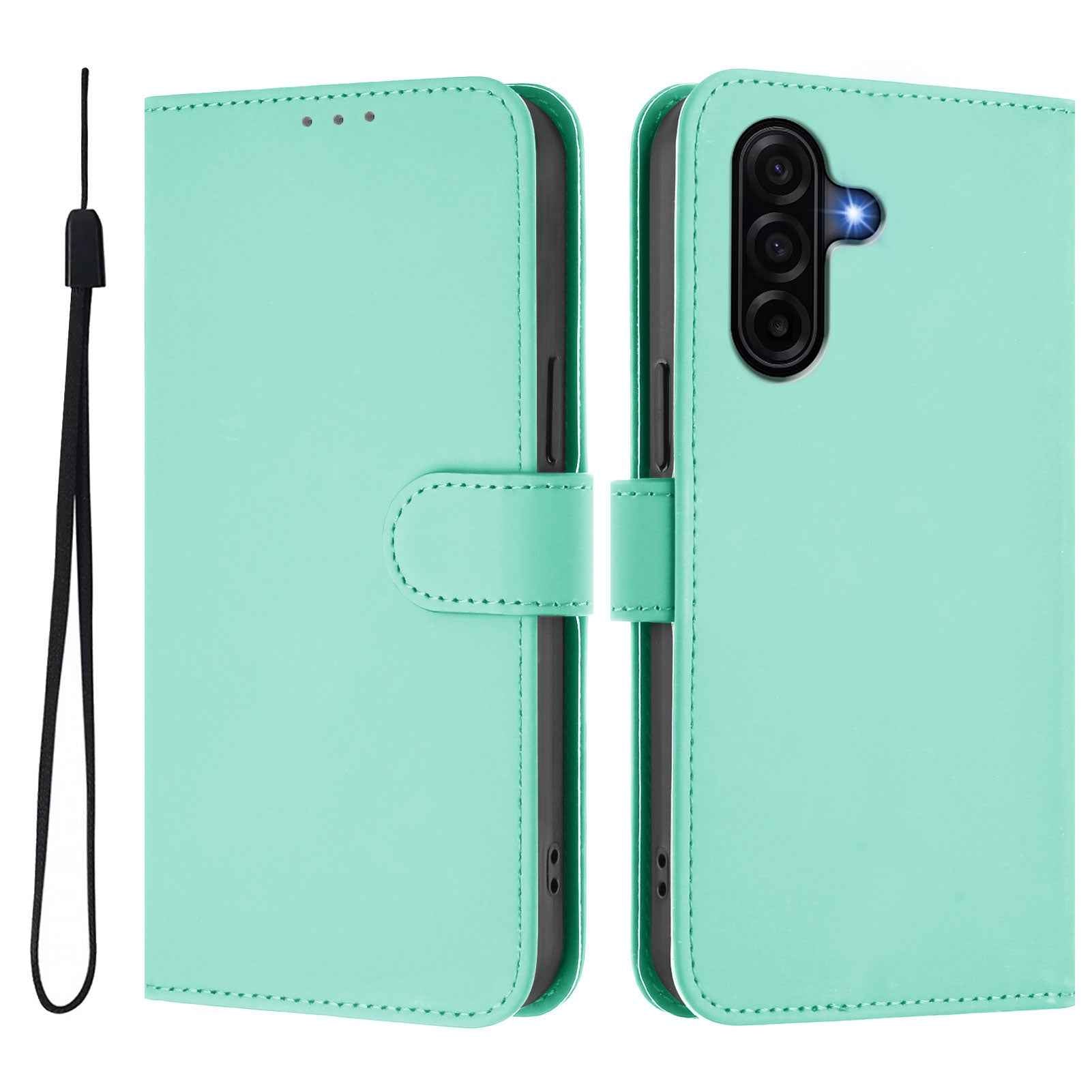 For Samsung Galaxy A57 5G Case Solid Color Wallet Leather Phone Cover with Strap - Mint Green