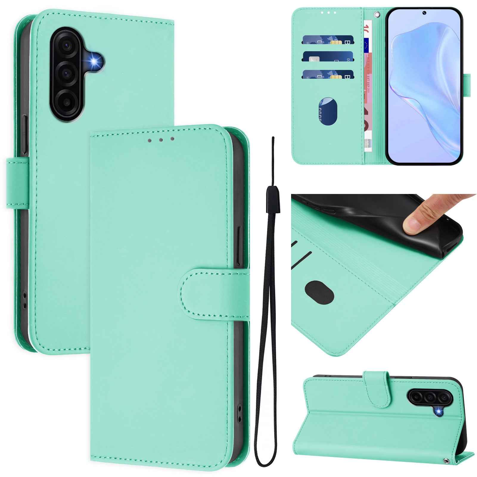 For Samsung Galaxy A57 5G Case Solid Color Wallet Leather Phone Cover with Strap - Mint Green