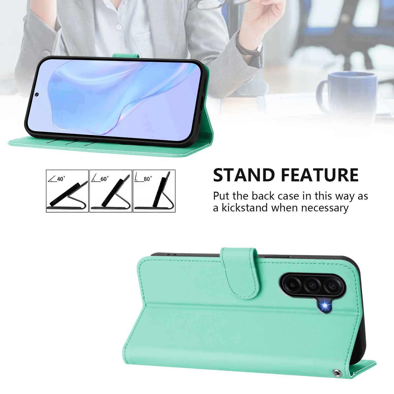 For Samsung Galaxy A57 5G Case Solid Color Wallet Leather Phone Cover with Strap - Mint Green