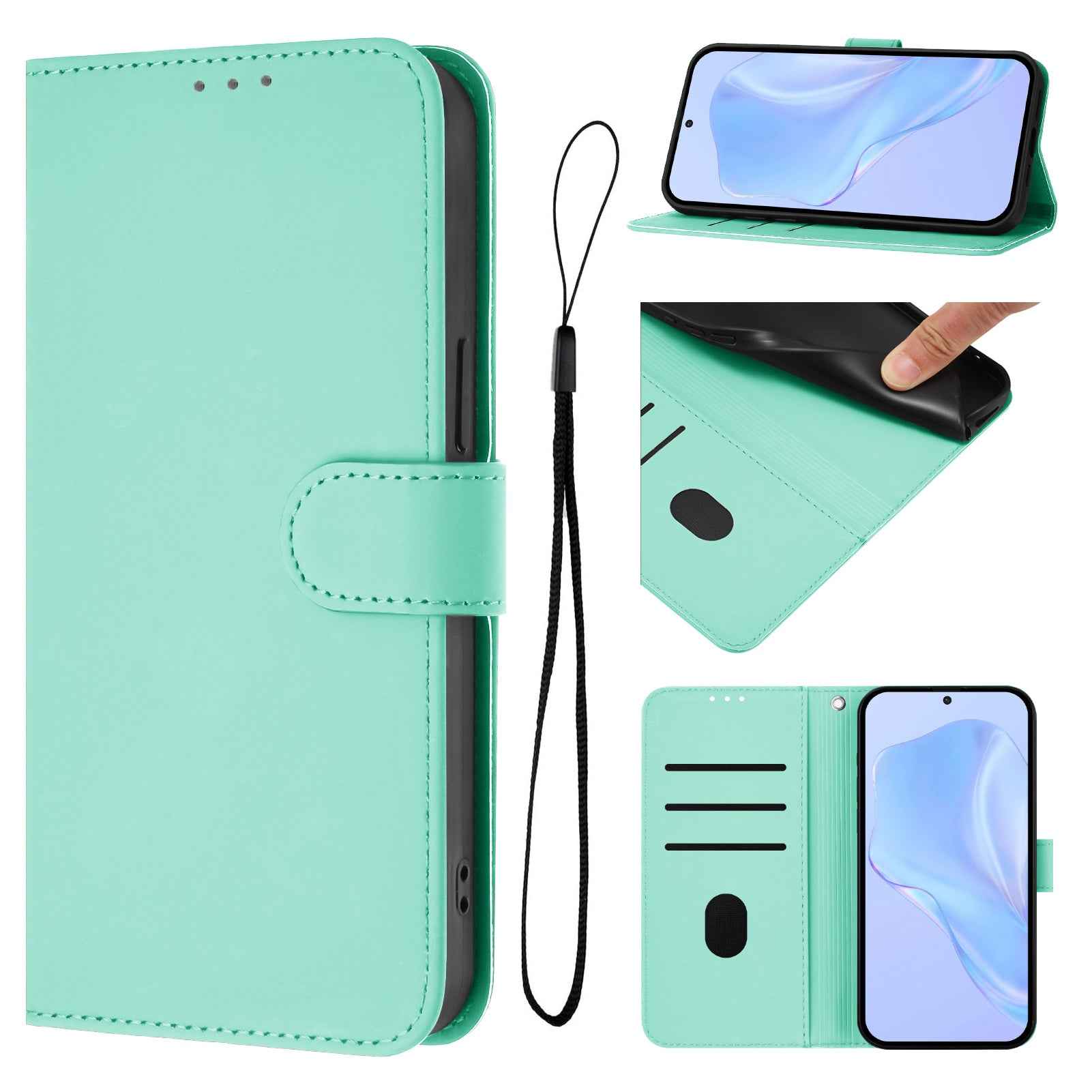 For Samsung Galaxy A57 5G Case Solid Color Wallet Leather Phone Cover with Strap - Mint Green