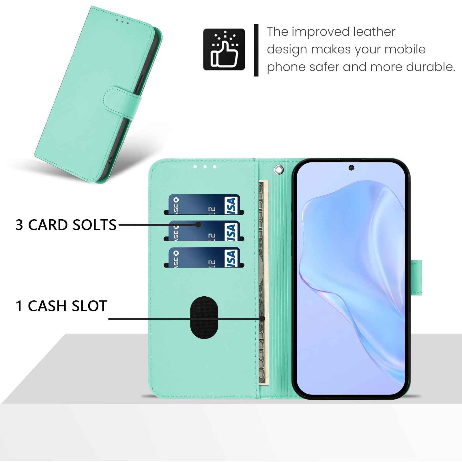 For Samsung Galaxy A57 5G Case Solid Color Wallet Leather Phone Cover with Strap - Mint Green
