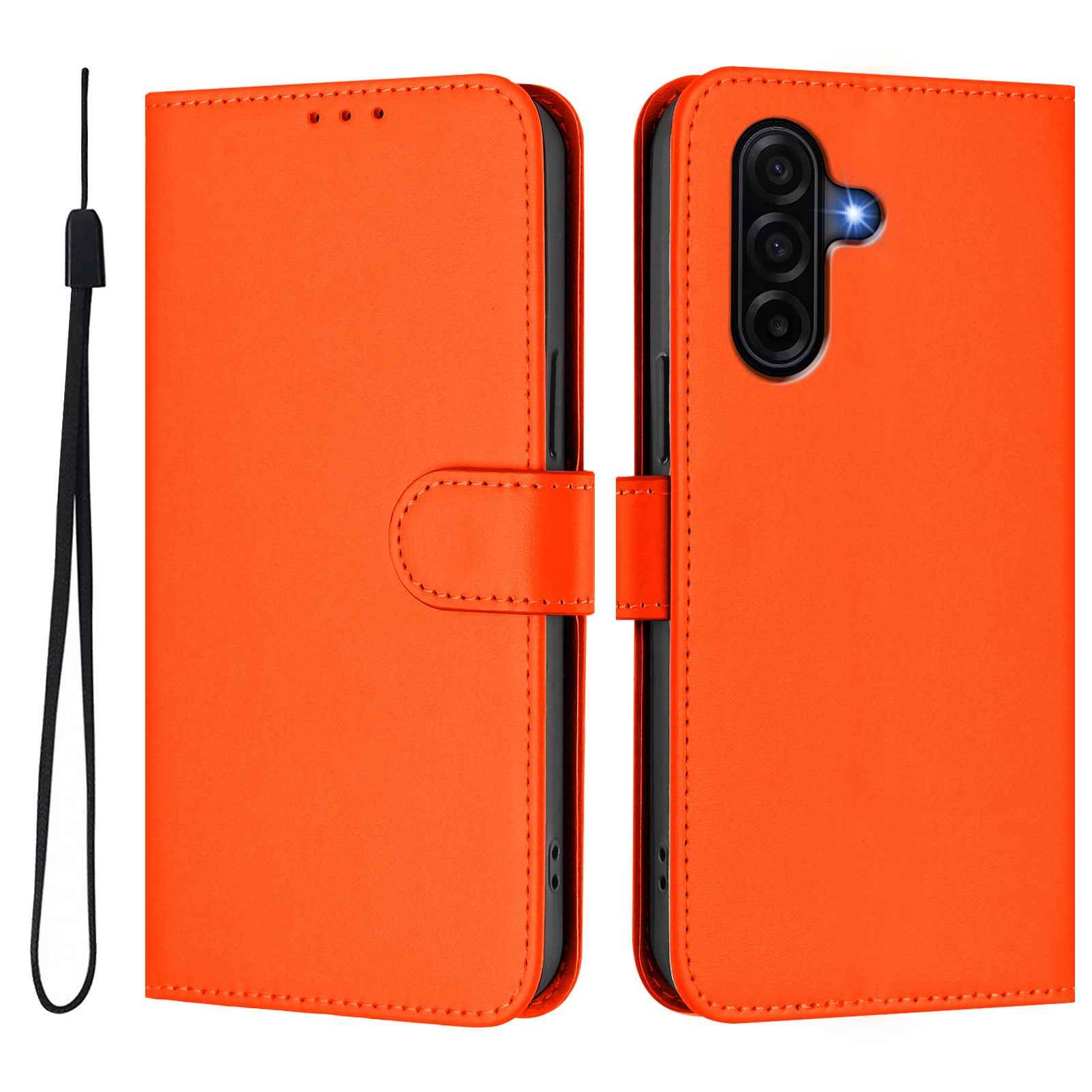 For Samsung Galaxy A57 5G Case Solid Color Wallet Leather Phone Cover with Strap - Orange