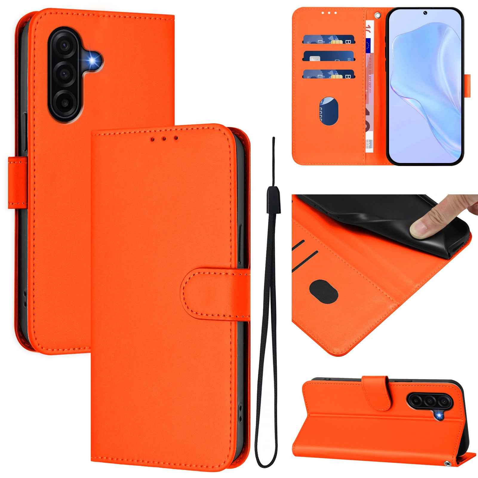 For Samsung Galaxy A57 5G Case Solid Color Wallet Leather Phone Cover with Strap - Orange