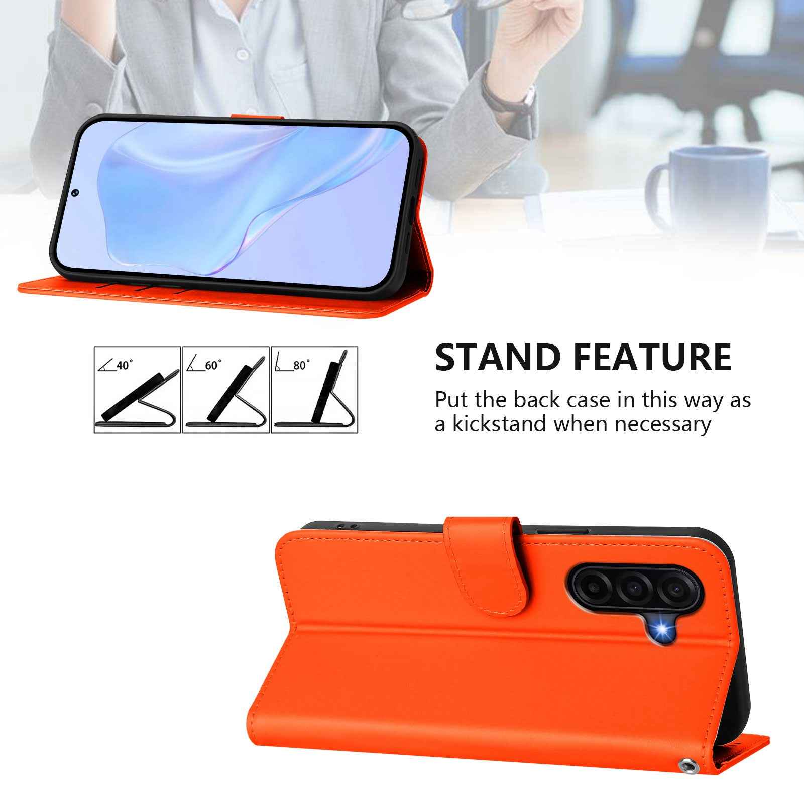 For Samsung Galaxy A57 5G Case Solid Color Wallet Leather Phone Cover with Strap - Orange