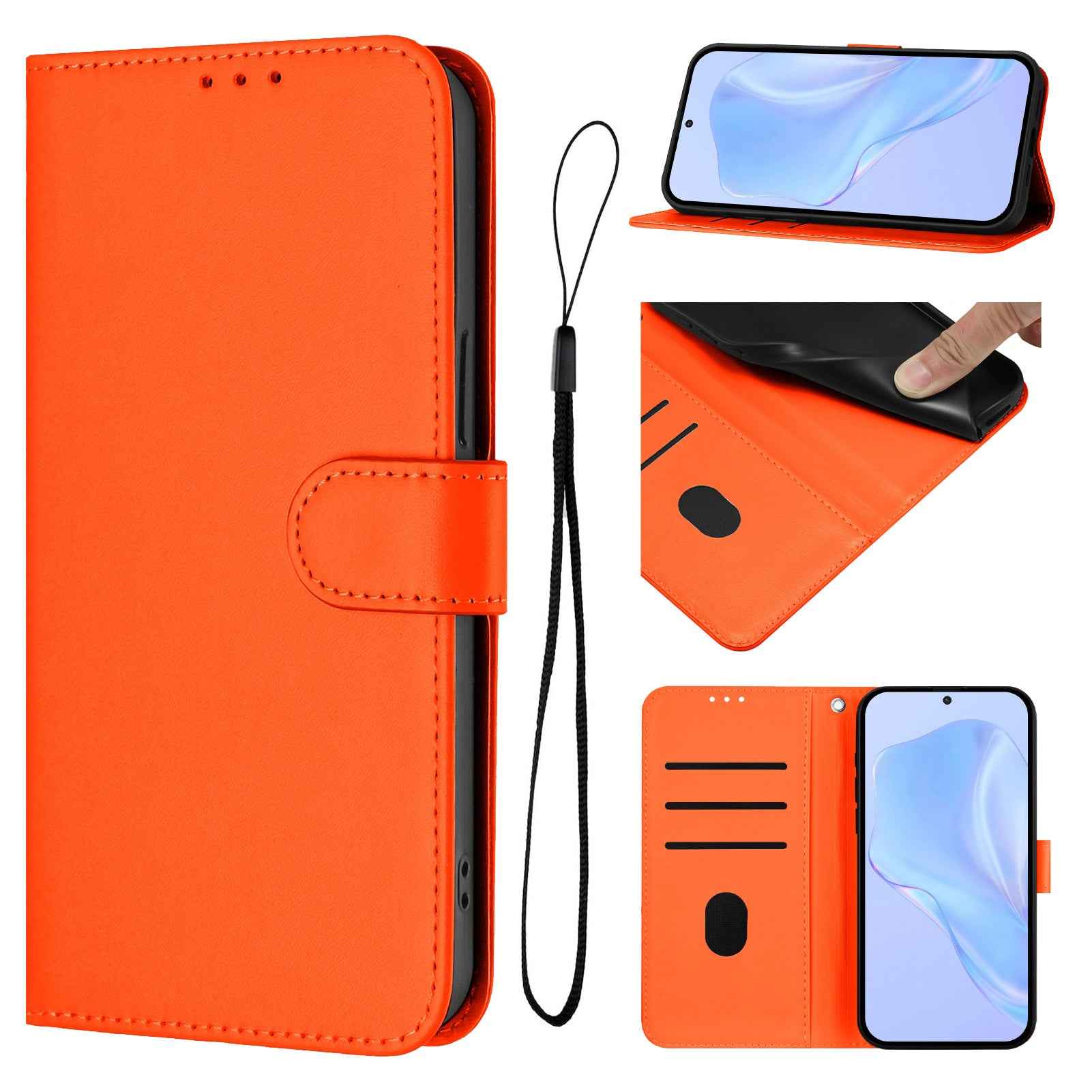 For Samsung Galaxy A57 5G Case Solid Color Wallet Leather Phone Cover with Strap - Orange