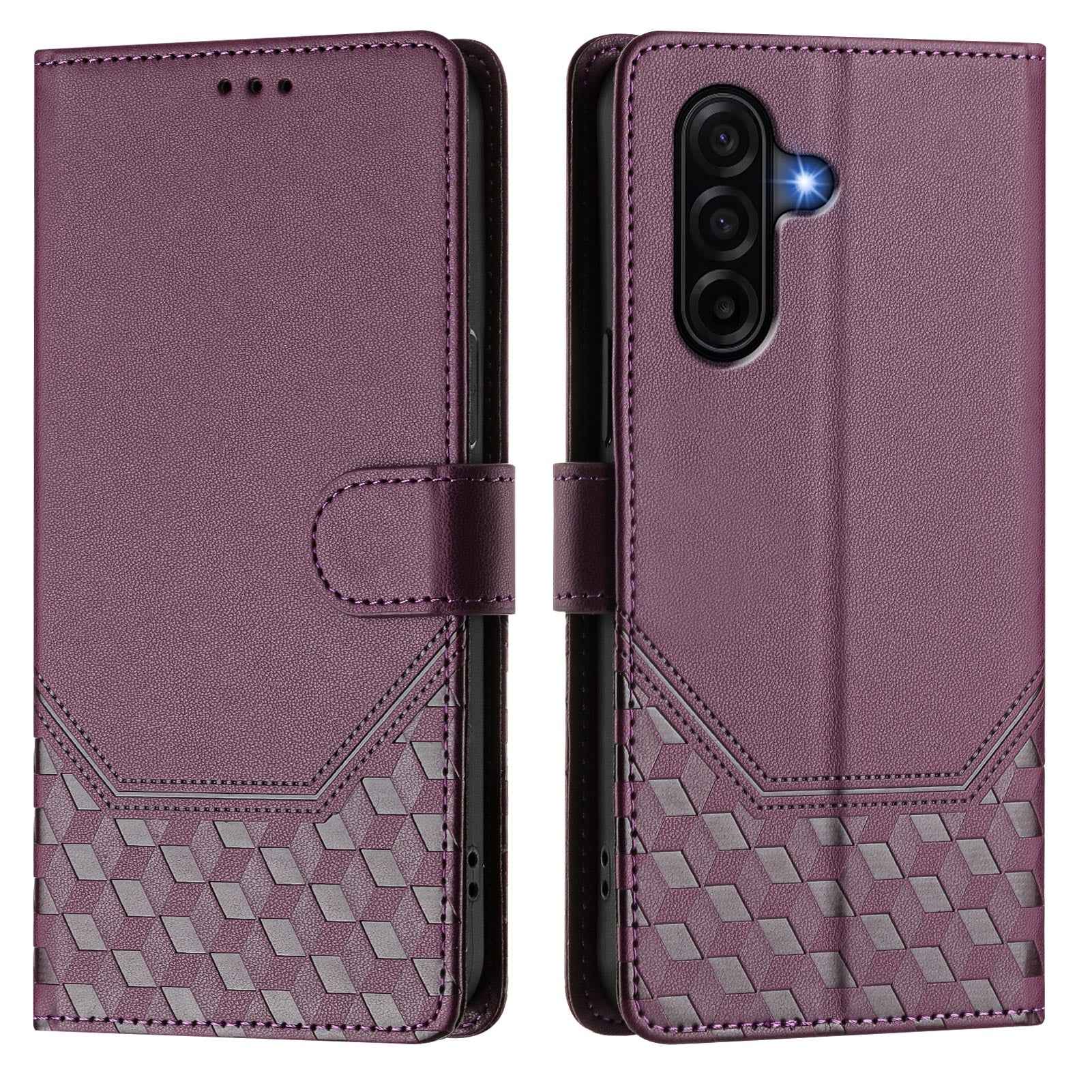 For Samsung Galaxy A57 5G Case Imprinted Honeycomb RFID Blocking Leather Phone Cover with Strap - Dark Purple