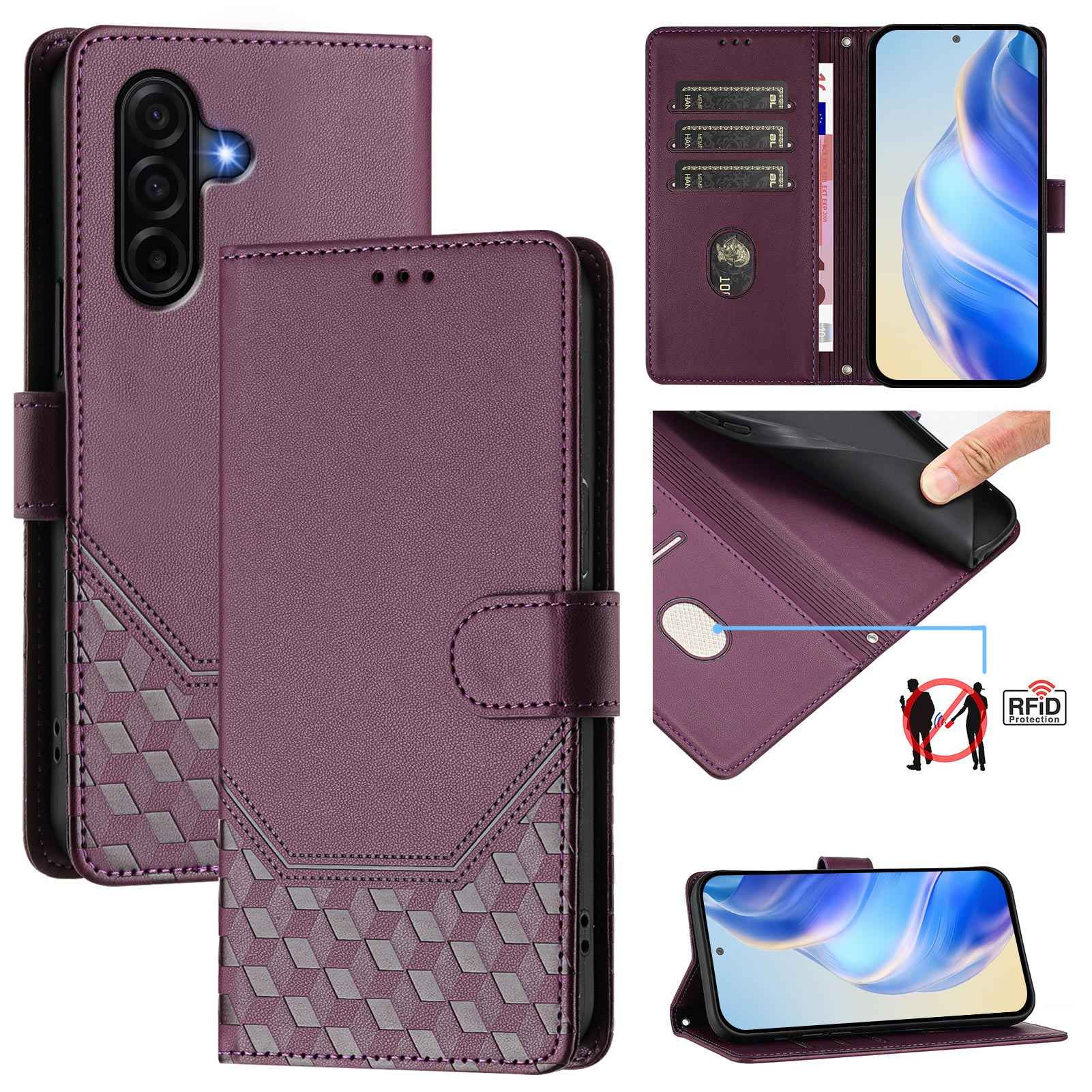 For Samsung Galaxy A57 5G Case Imprinted Honeycomb RFID Blocking Leather Phone Cover with Strap - Dark Purple